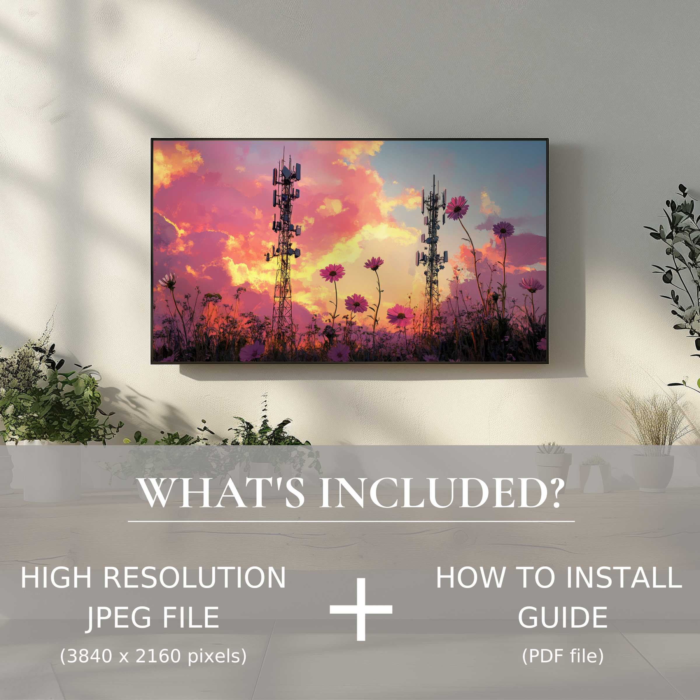 Elegant street art digital TV art download, easy to use, enhances living space with vivid sunset and floral charm