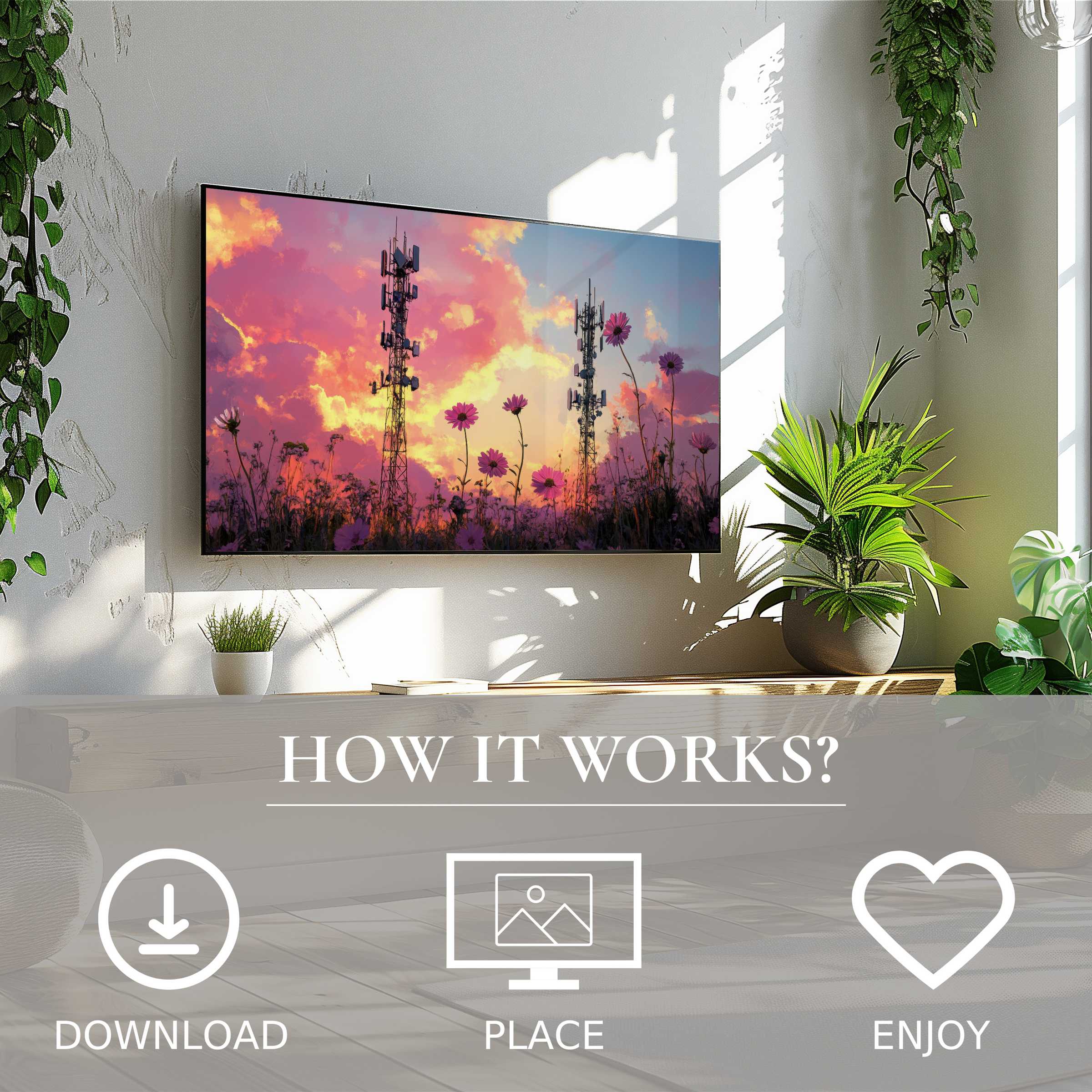 Street art for Samsung TV shows soft sunset tones with flowers, easy digital download to enhance your sleek living space