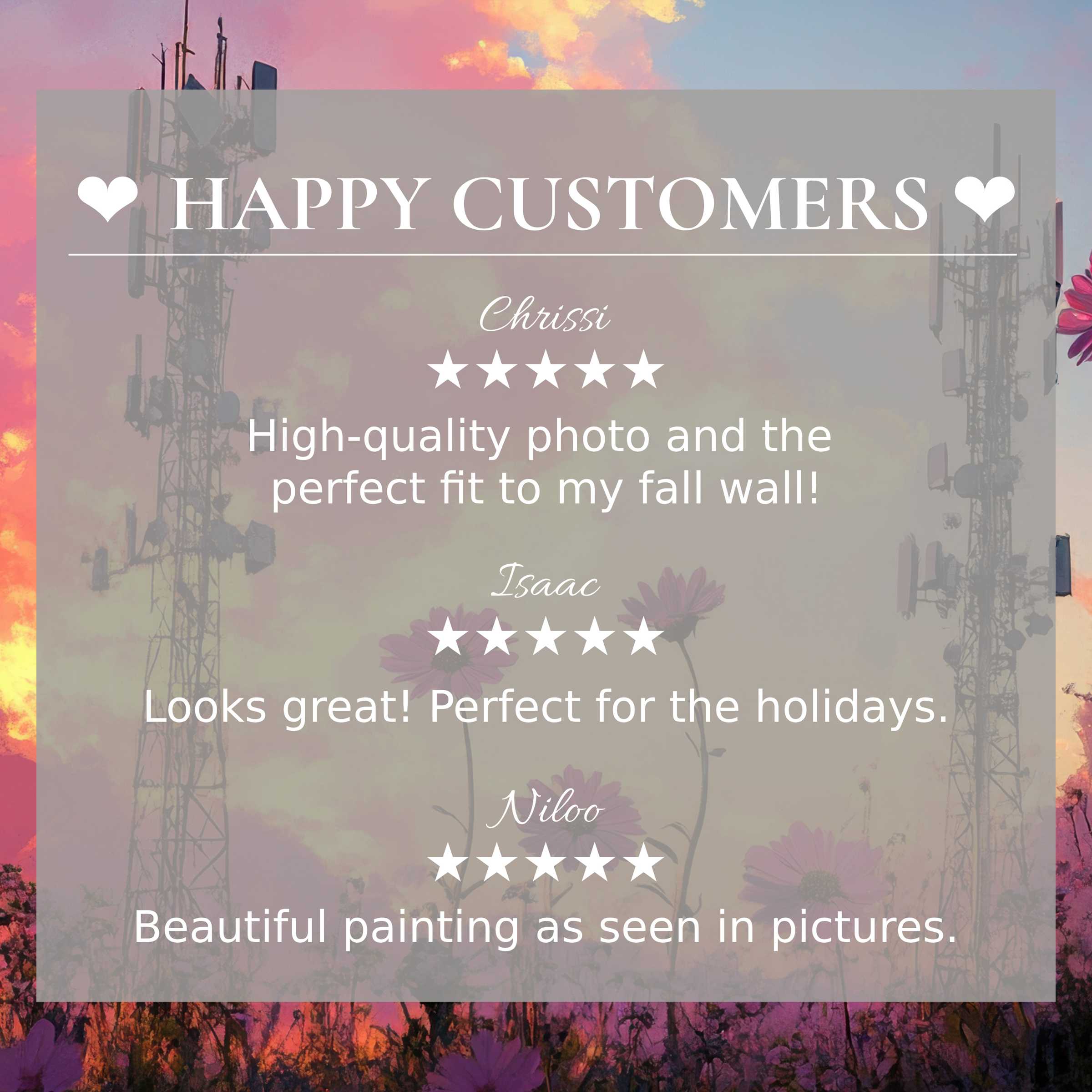 Street art for Frame TV with abstract sunset background; happy customer reviews build elegant, trustworthy appeal