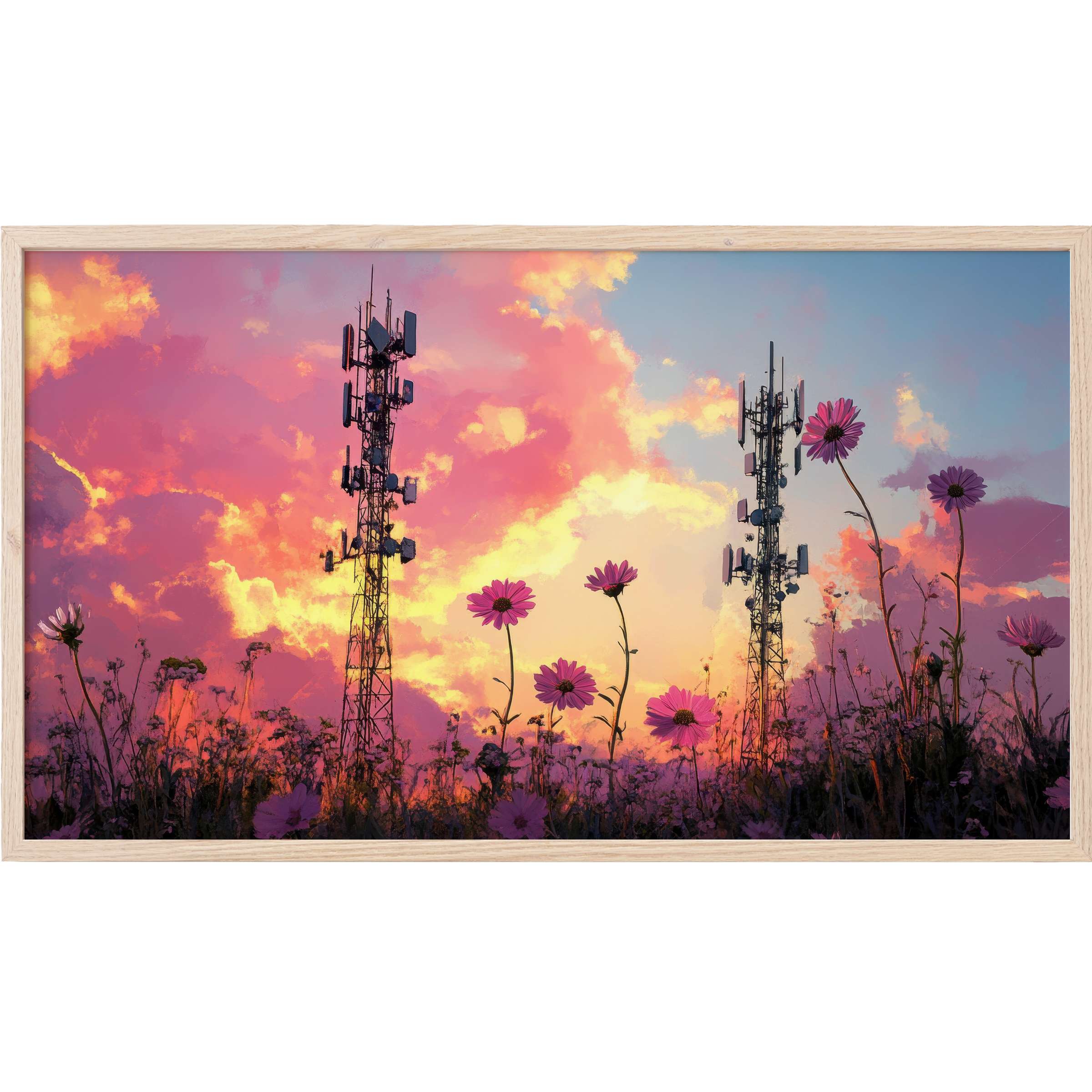 Vibrant street art Frame TV Art with pink flowers and sleek towers against a glowing sunset sky in modern style