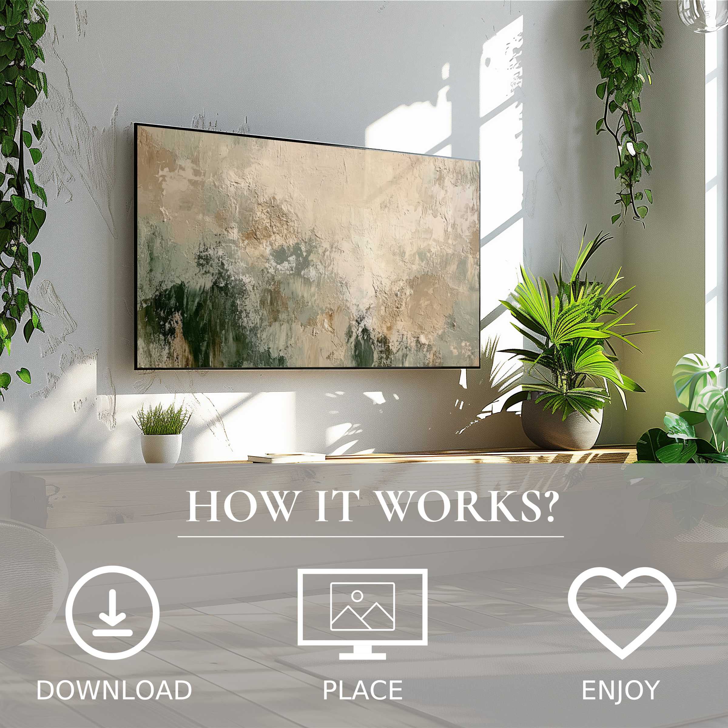 Modern living room with digital abstract art for Samsung TV in soft earth tones; easy download enriches space