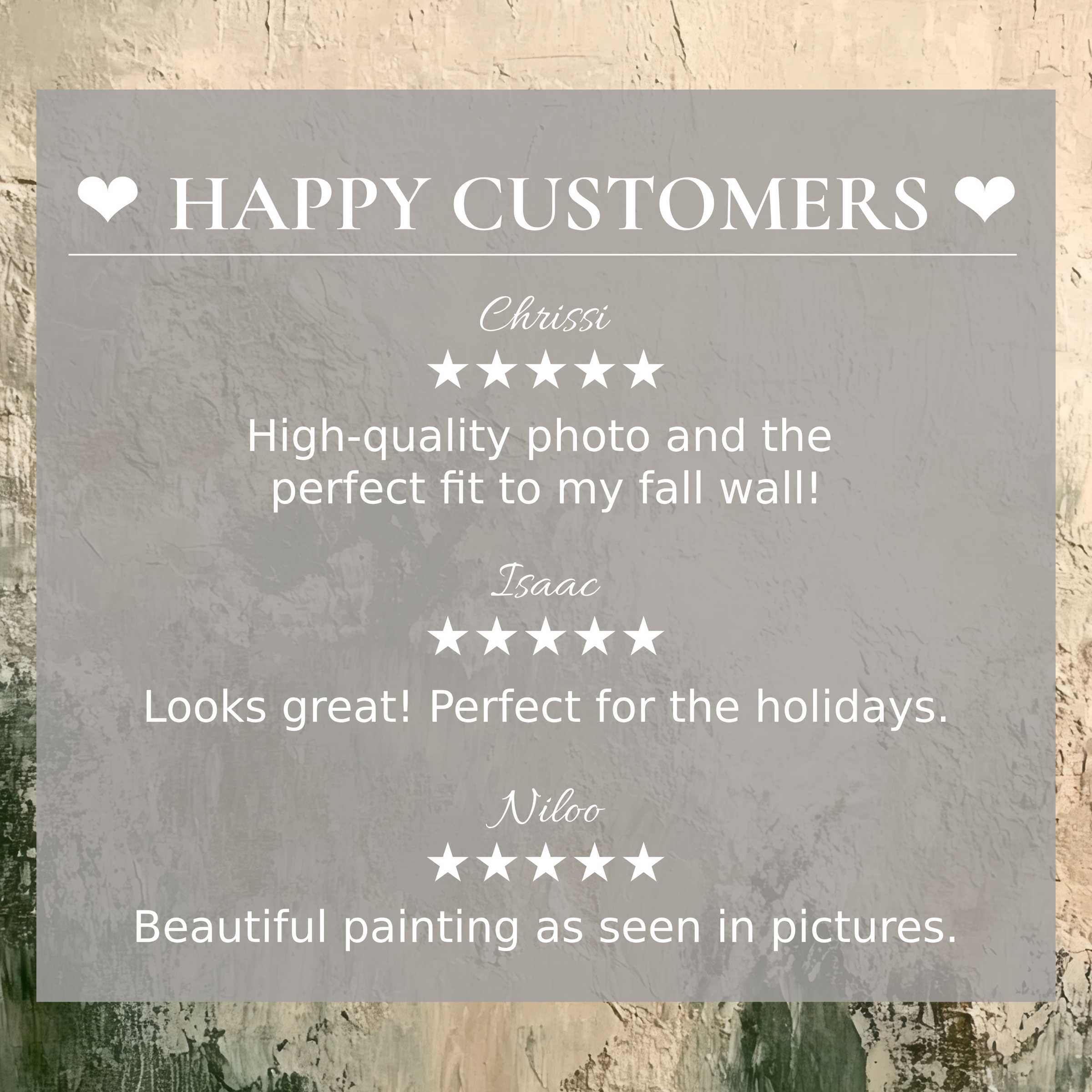 Refined abstract art for Frame TV in muted earth tones; layout highlights happy customer reviews and elegant style