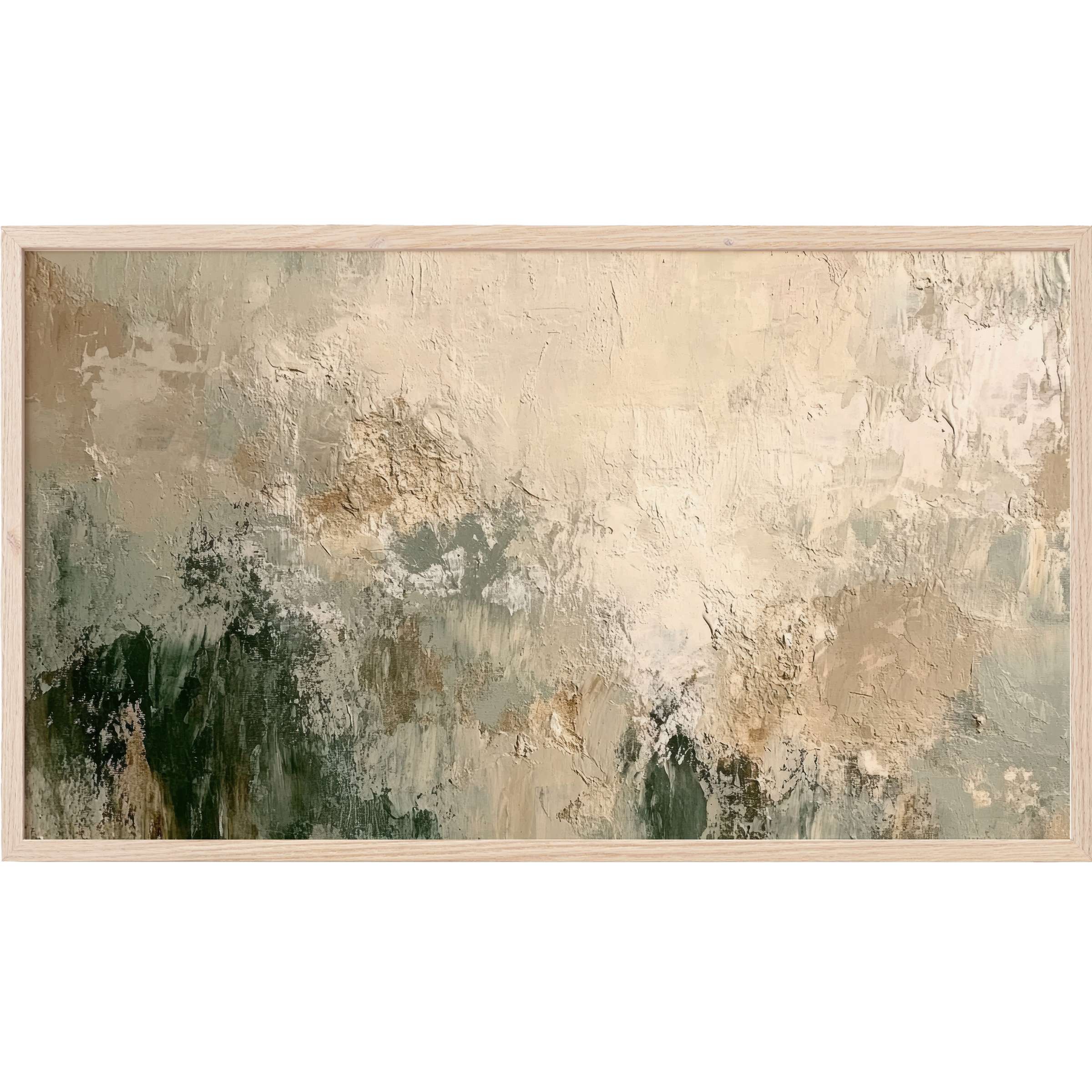 Elegant abstract Frame TV Art in textured beige, cream, and green hues with a modern, organic style