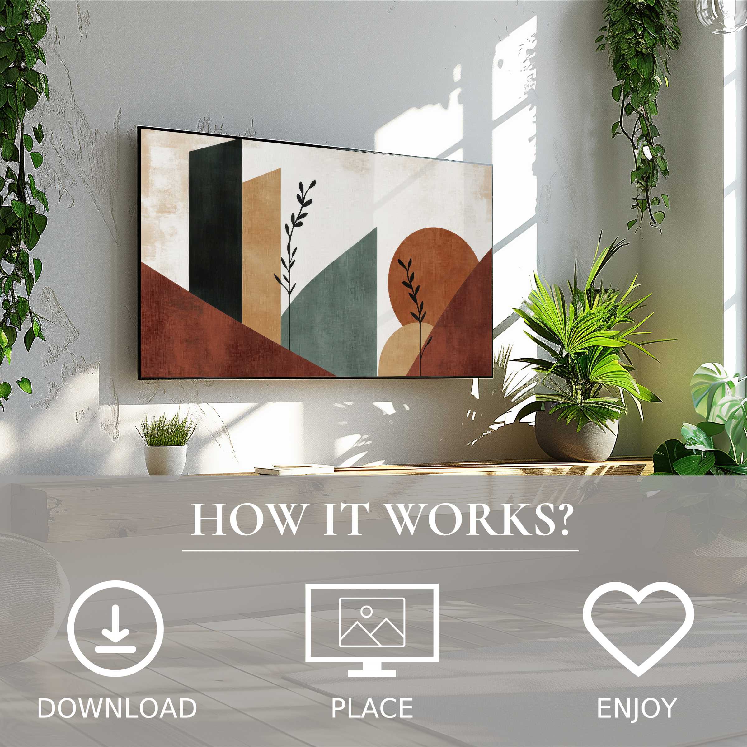 Modern art for Samsung TV shows earthy geometric shapes with plant motifs, easy digital download enriches any stylish space