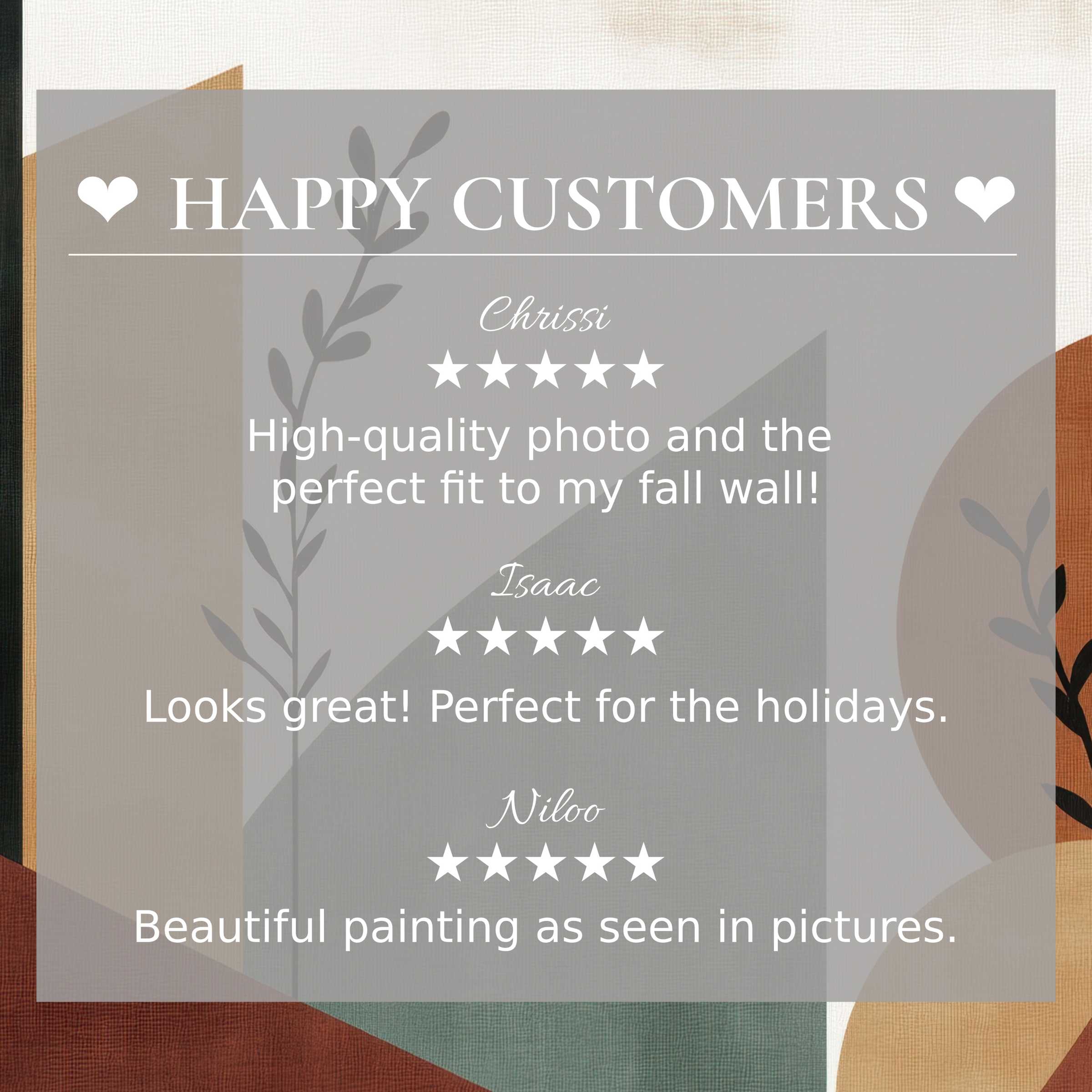 Modern art for Frame TV with abstract sunset tones, featuring happy customer reviews that inspire trust and elegance