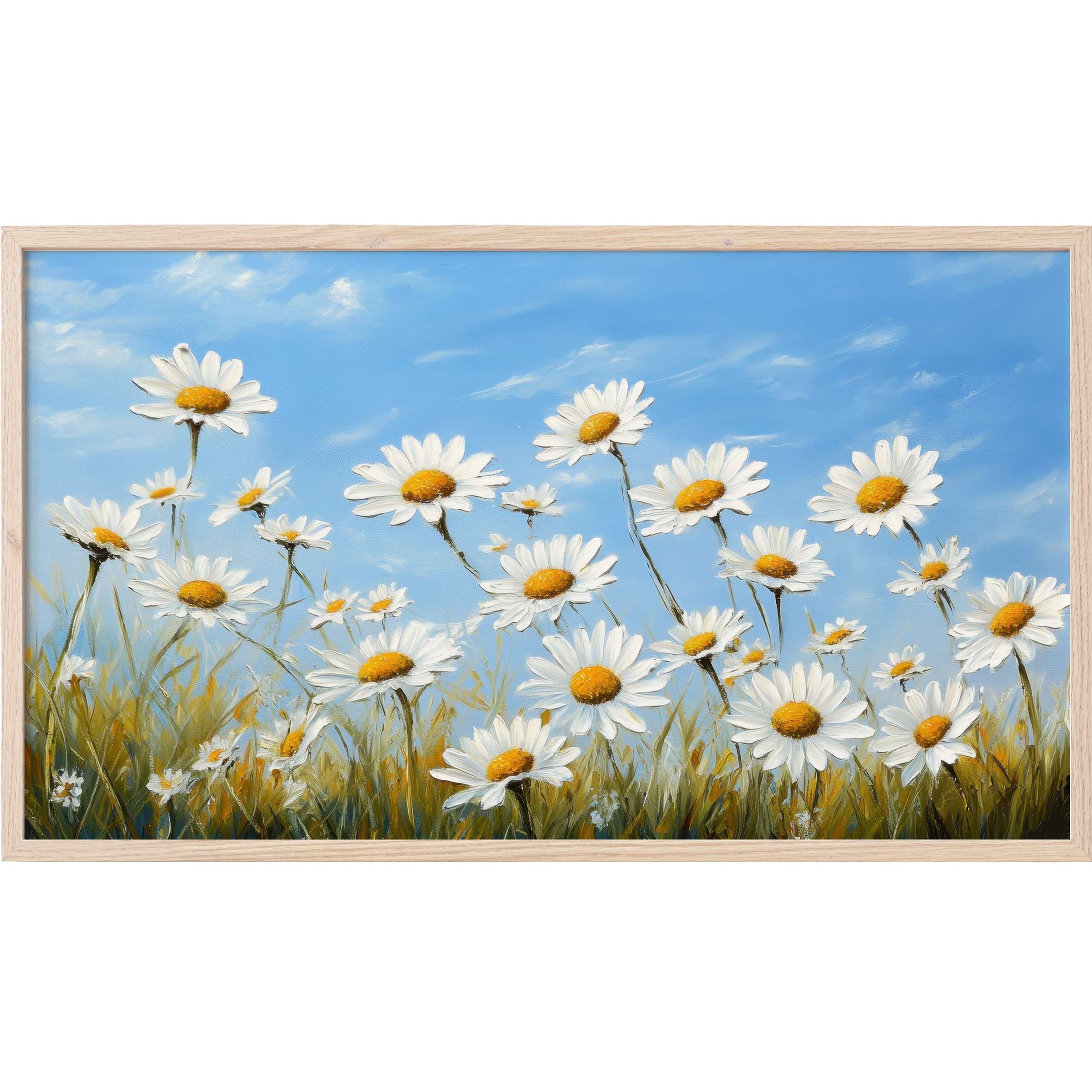 Floral Frame TV Art with vibrant daisies in white and yellow against a serene blue sky, modern nature elegance