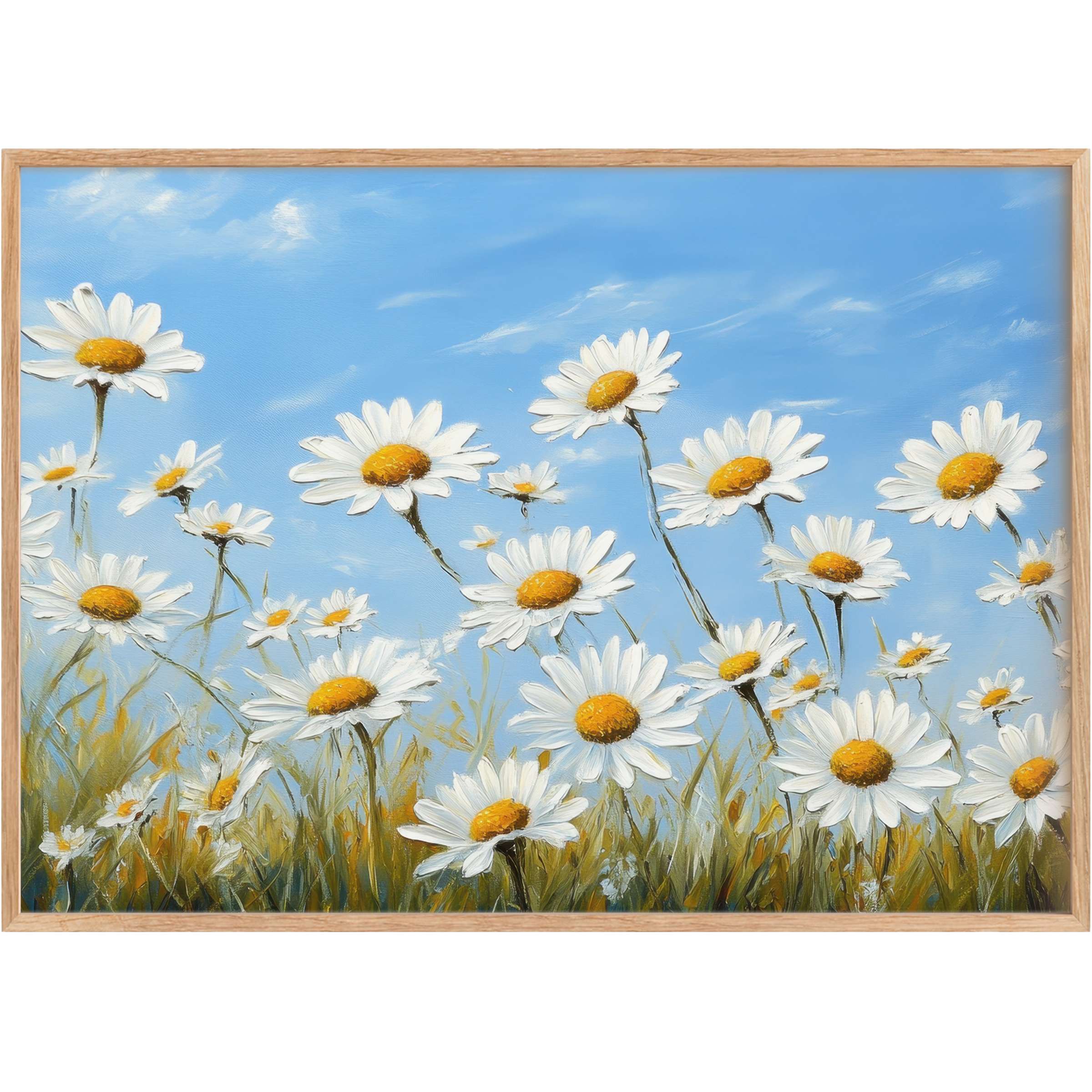 Radiant floral printable wall art featuring sunlit daisies swaying against a serene blue sky, evoking fresh, uplifting elegance
