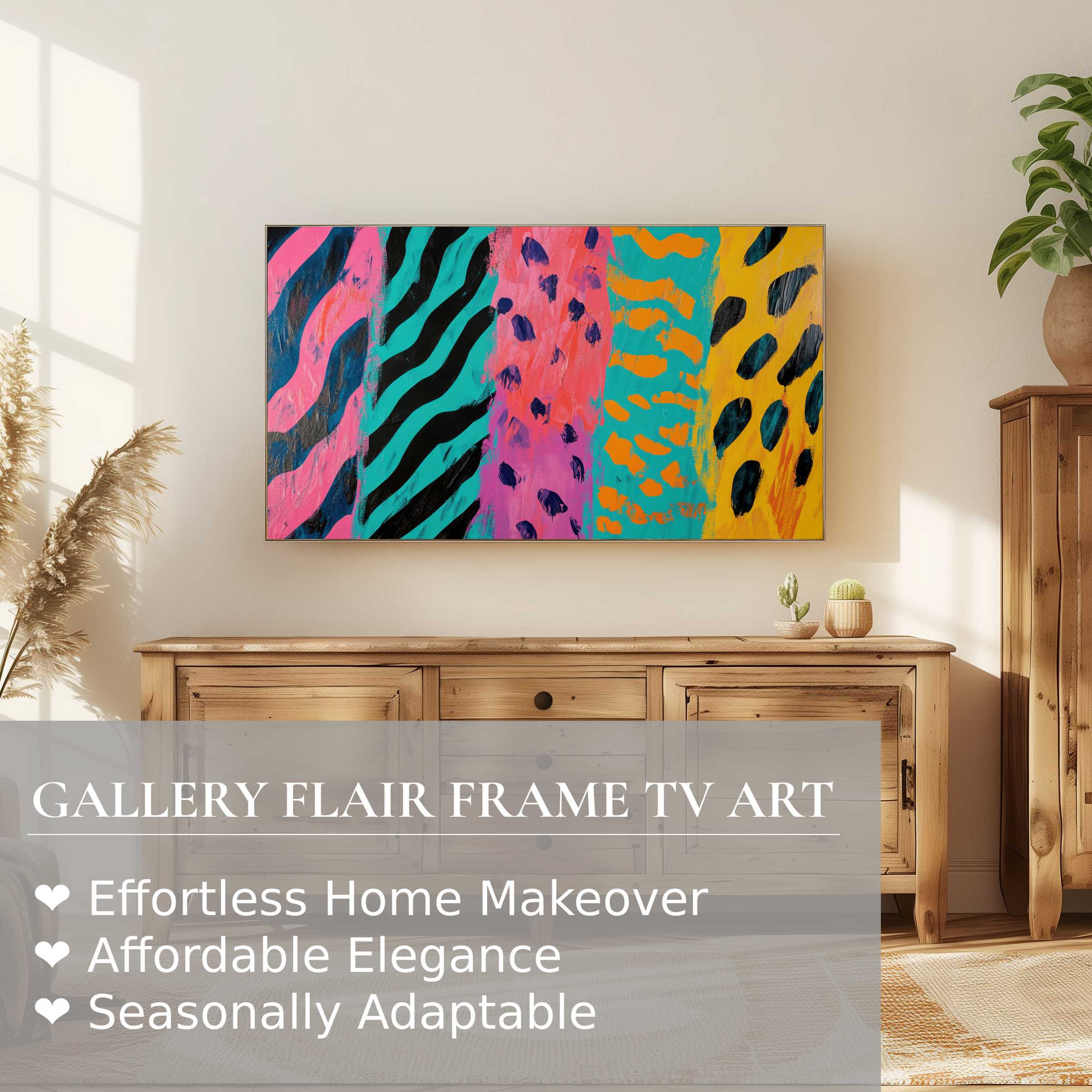 Samsung Frame TV displays vibrant pop art digital artwork, enhancing serene modern decor with bold, colorful abstract patterns