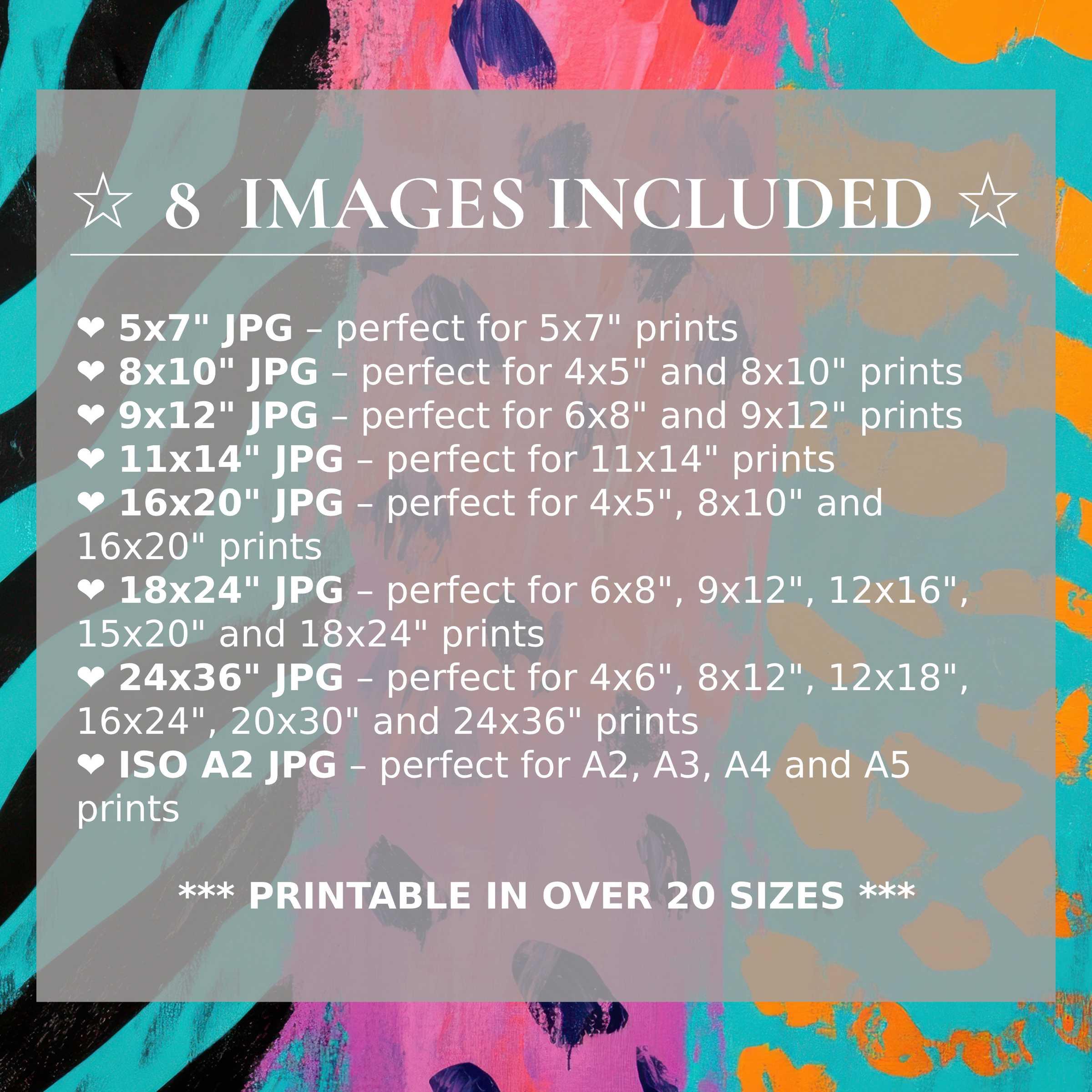 Radiant pop art digital print in bold turquoise, coral, and black hues elevates modern interiors with style; includes 8 high-quality sizes