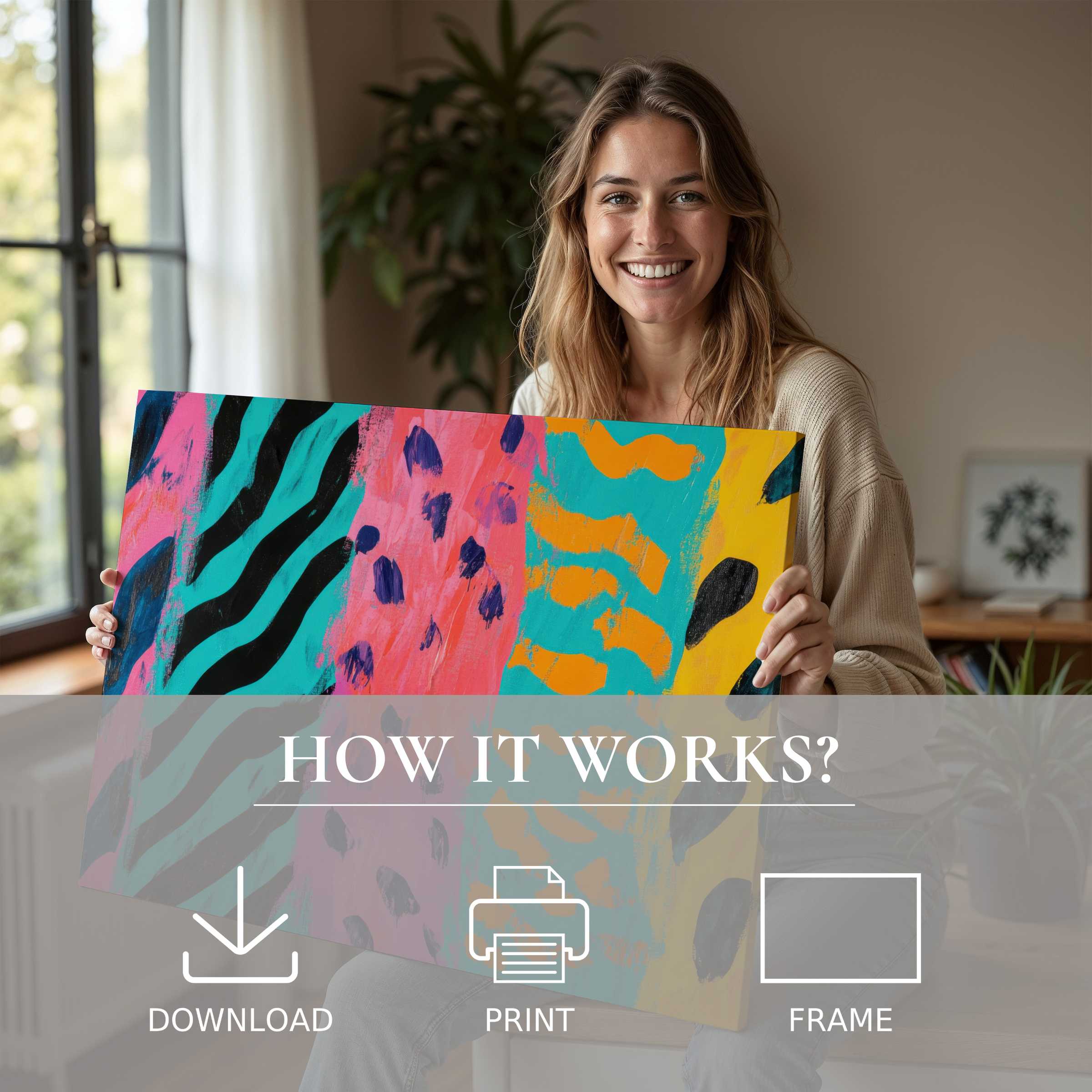 A serene moment of joy as vibrant pop art digital art print brightens a modern home, effortlessly elevating space and spirit