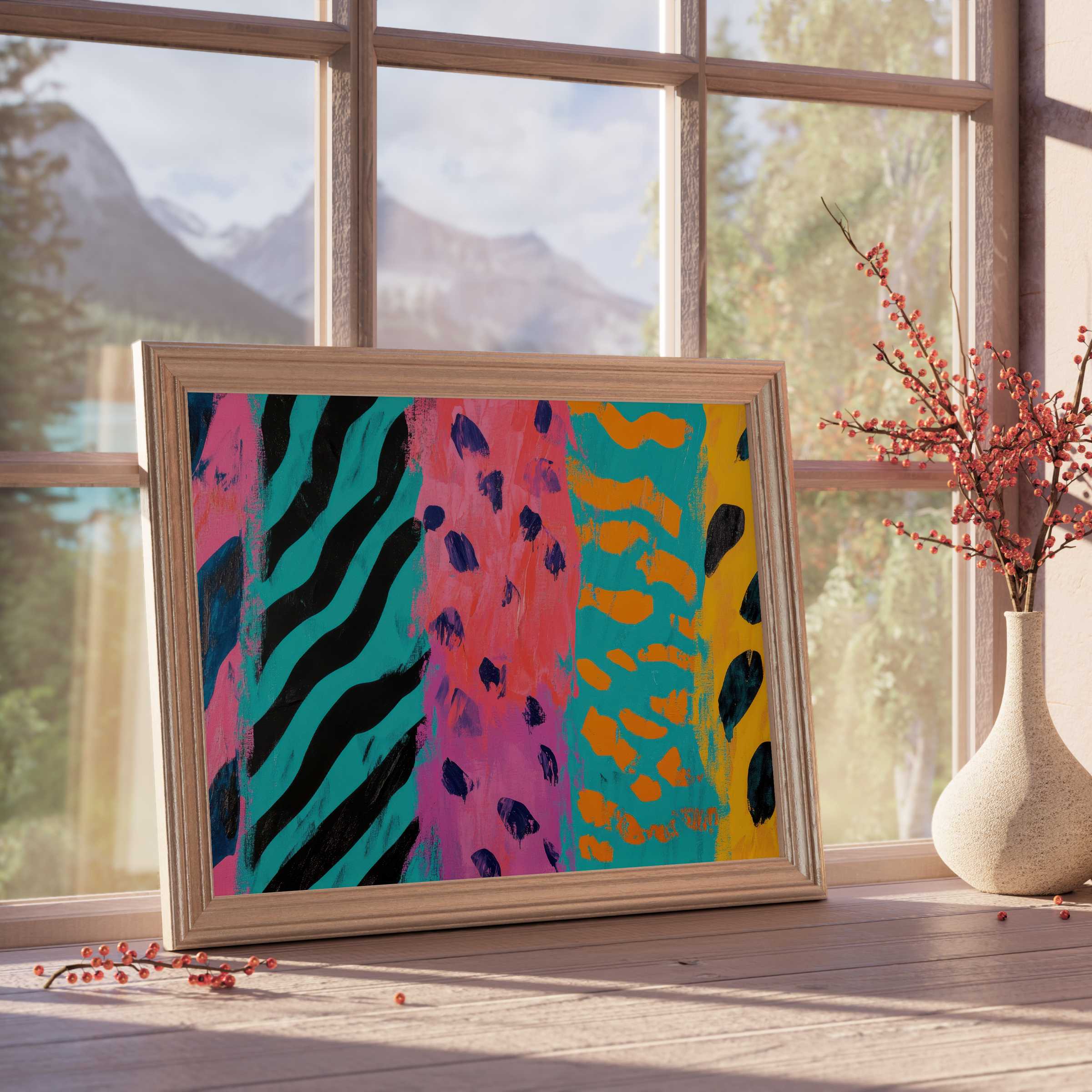Vibrant pop art downloadable art with bold animal prints, infusing curated interiors with dynamic color and modern elegance