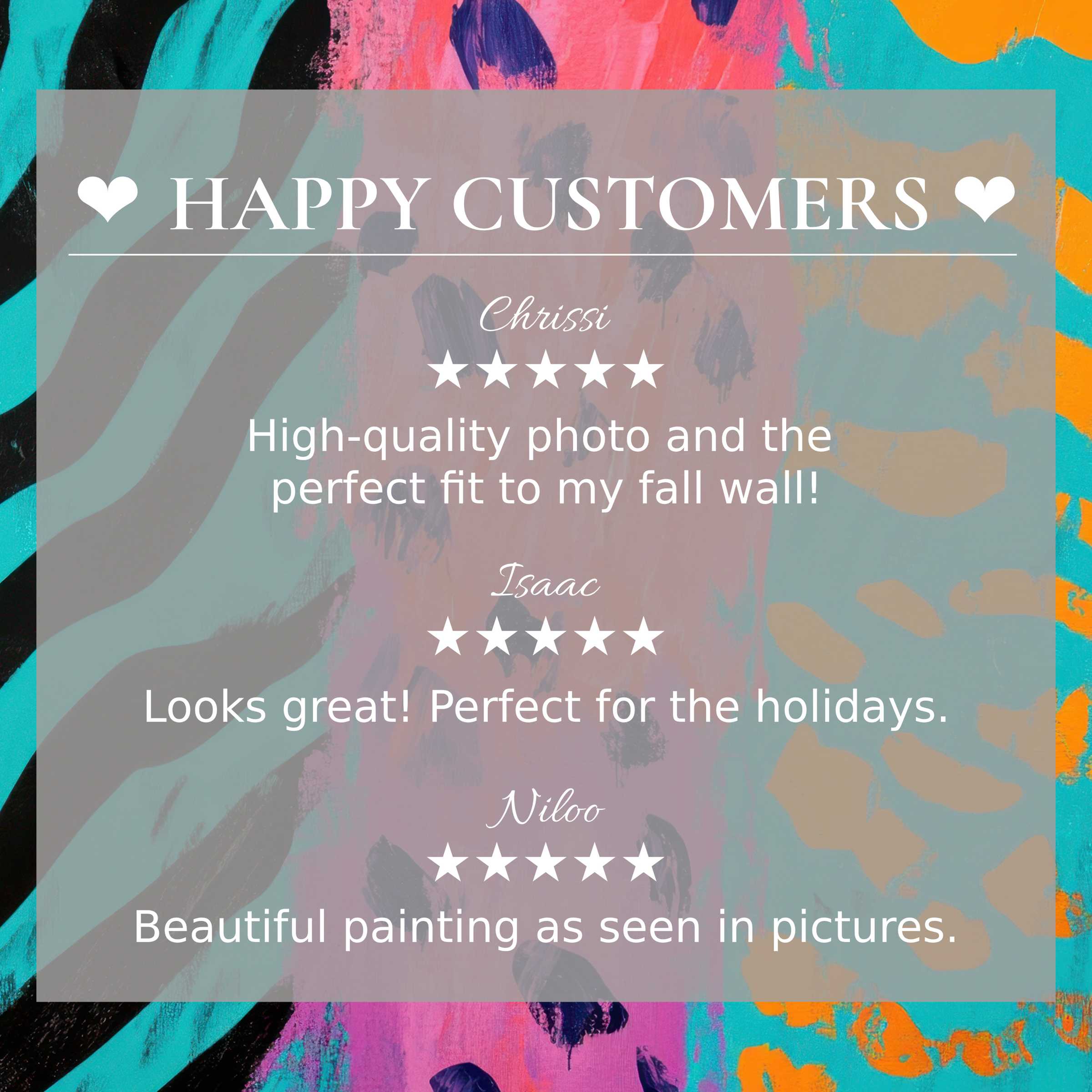 Pop art for Frame TV with abstract sunset colors, showcasing happy customer reviews to inspire trust and elegance