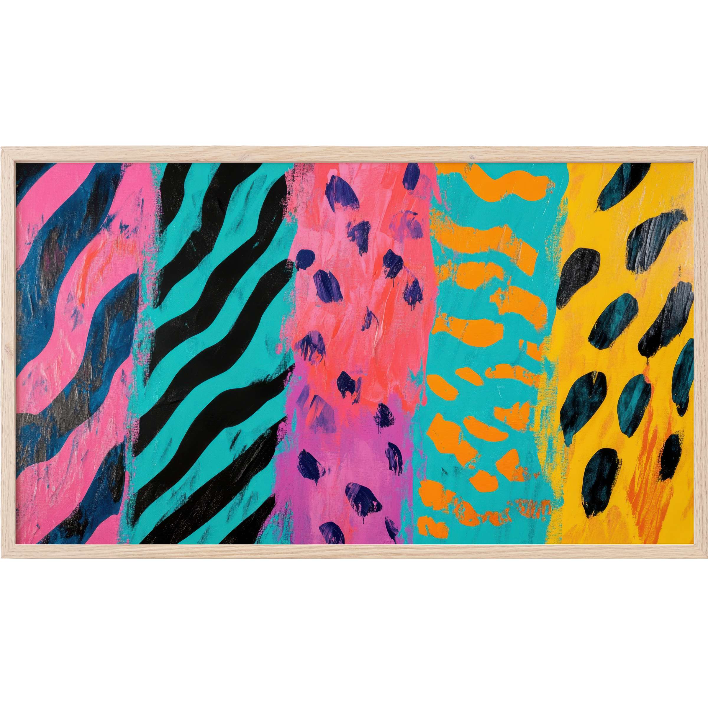 Vibrant animal print-inspired stripes in pink, turquoise, orange, and yellow pop art Frame TV Art for modern spaces