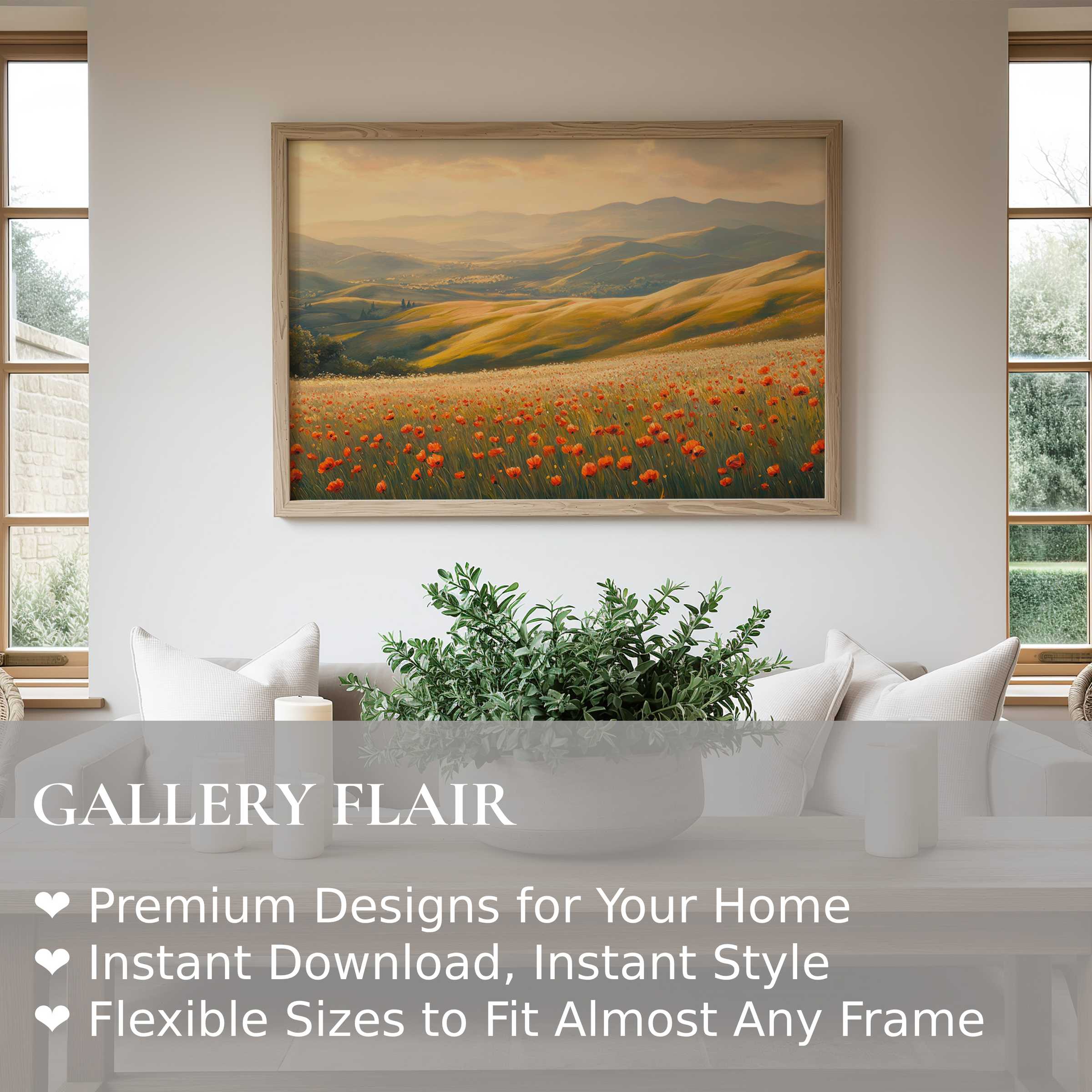 Spring wall art print of a radiant poppy field at sunset, enhancing serene modern farmhouse interiors with warm, natural elegance