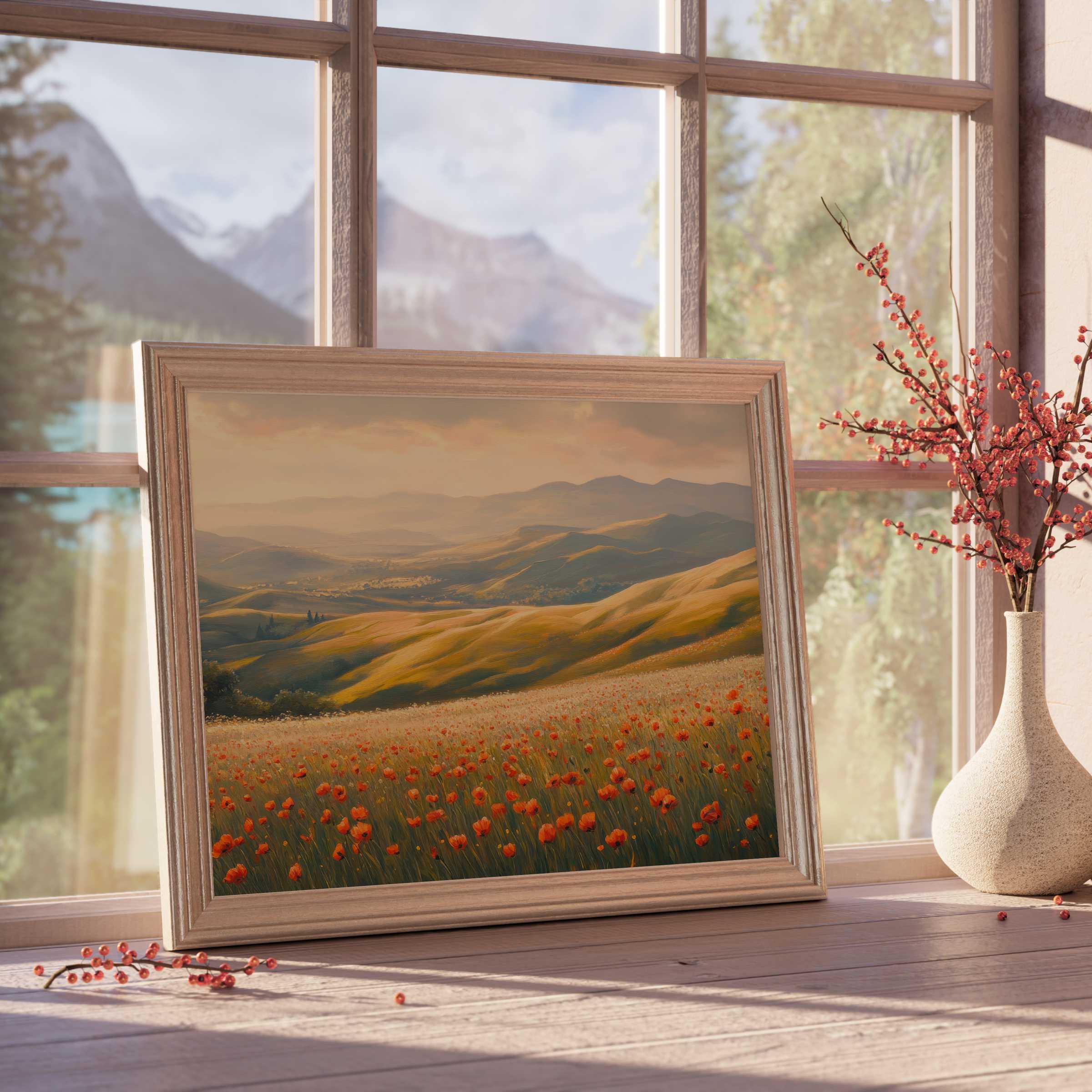 Spring downloadable art featuring a serene poppy meadow at sunset, elevating tranquil, curated interiors with warm, natural elegance