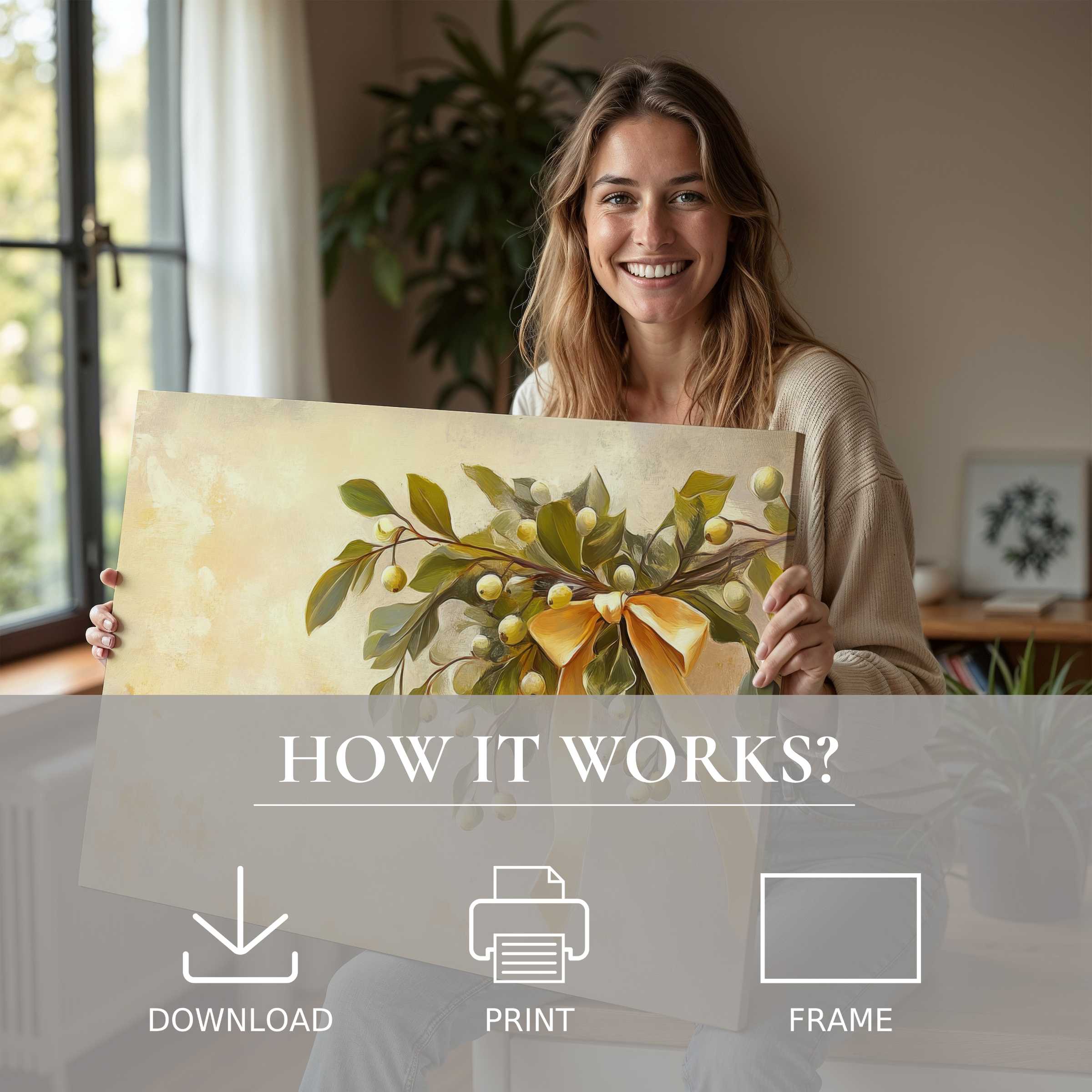 Woman radiates joy in a sunlit, modern home, embracing a Christmas digital art print that brings warmth and elegance