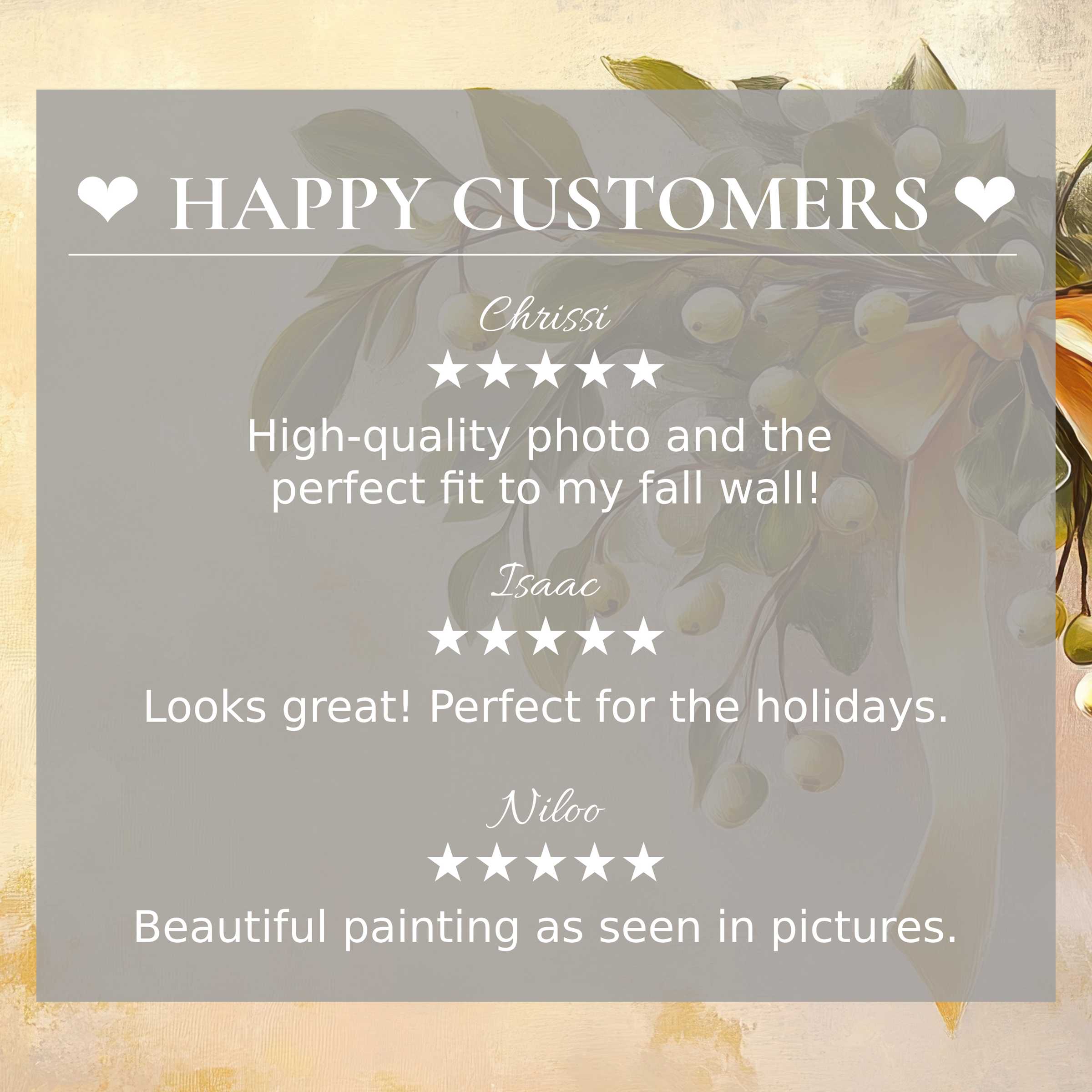 christmas art for Frame TV with elegant floral background; happy customer reviews build trust and style appeal
