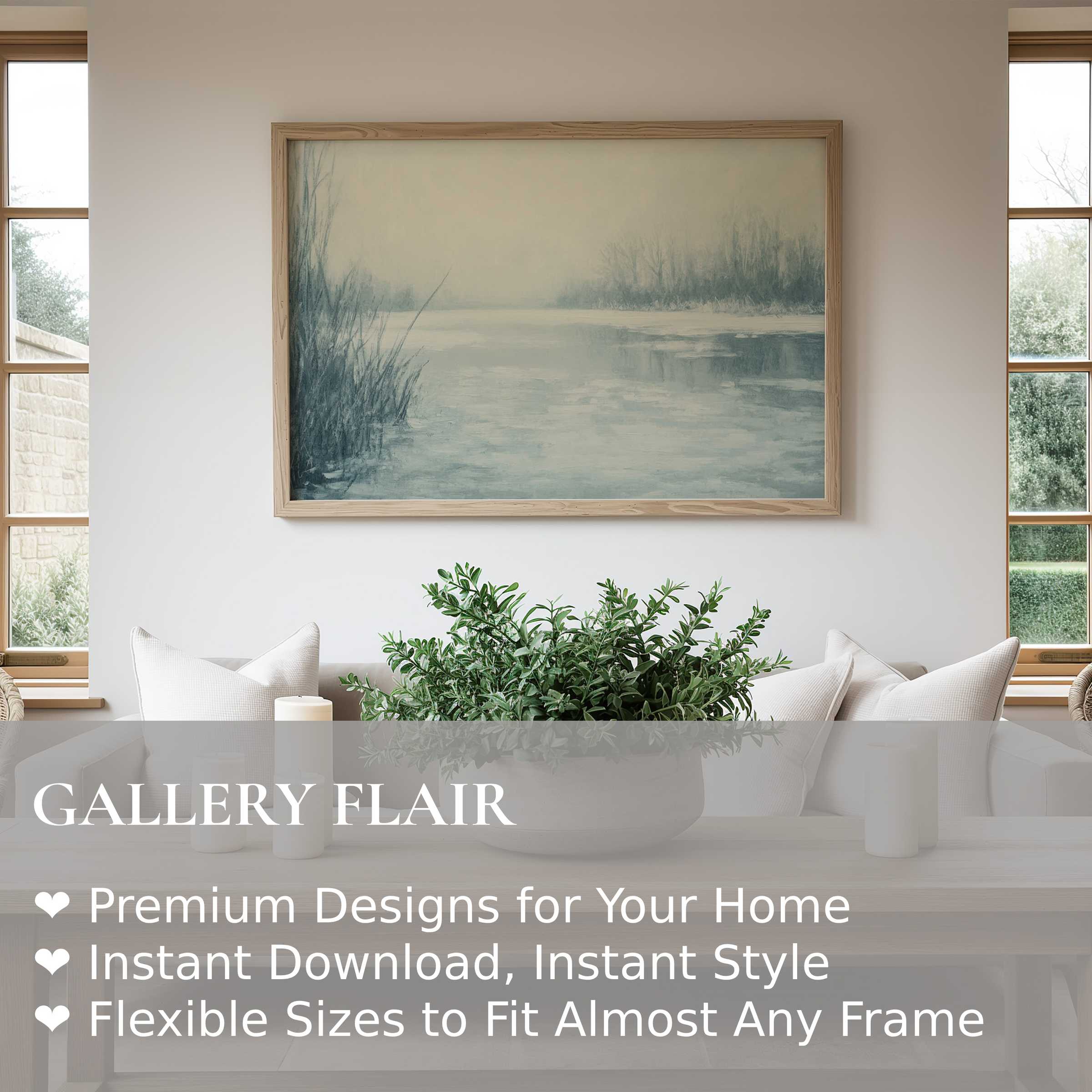 Serene winter wall art print capturing misty lakeside reeds in muted blues, enhancing minimalist, modern living spaces with calming elegance