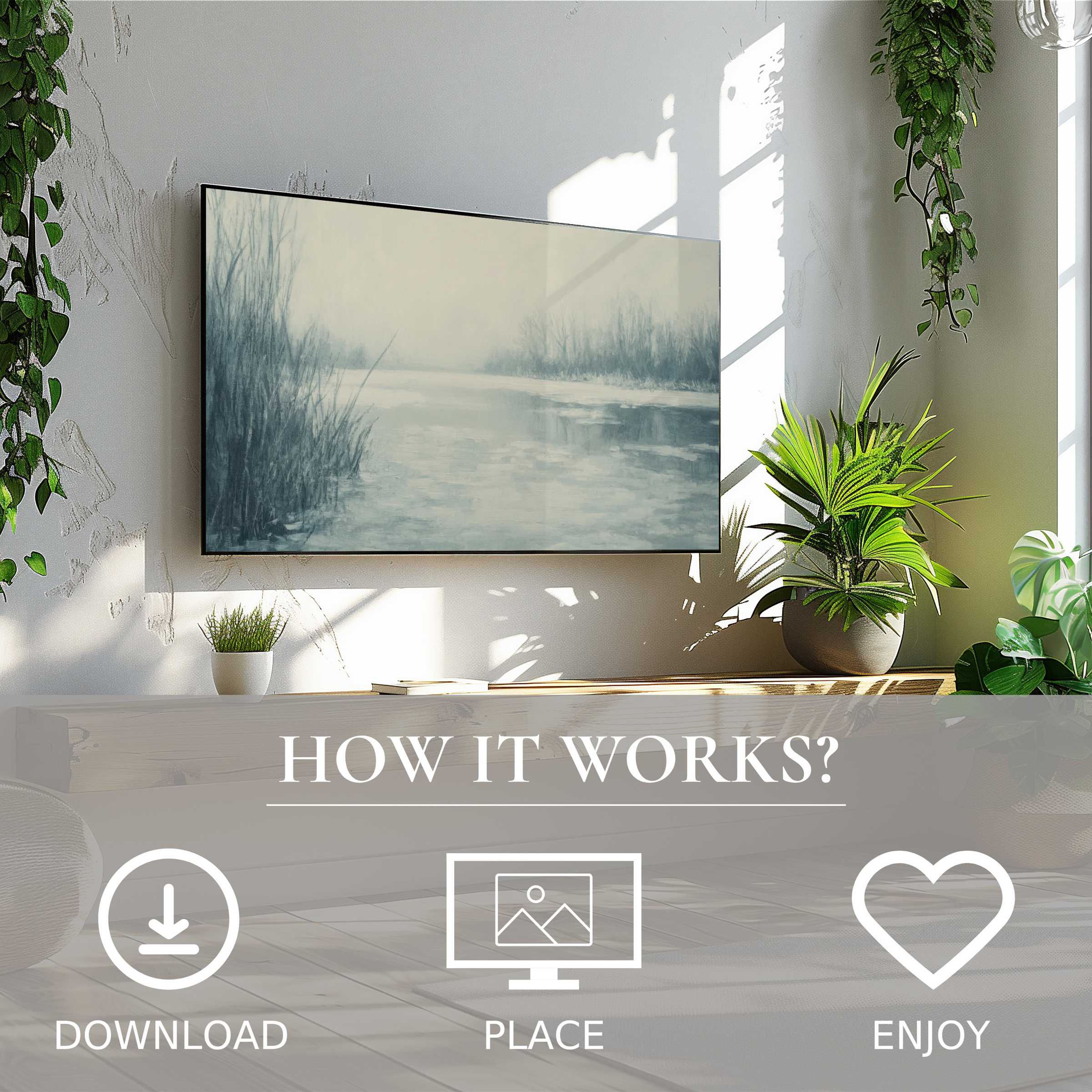 Winter art for Samsung TV showing soft, misty river tones, easy digital download enriches your modern living space