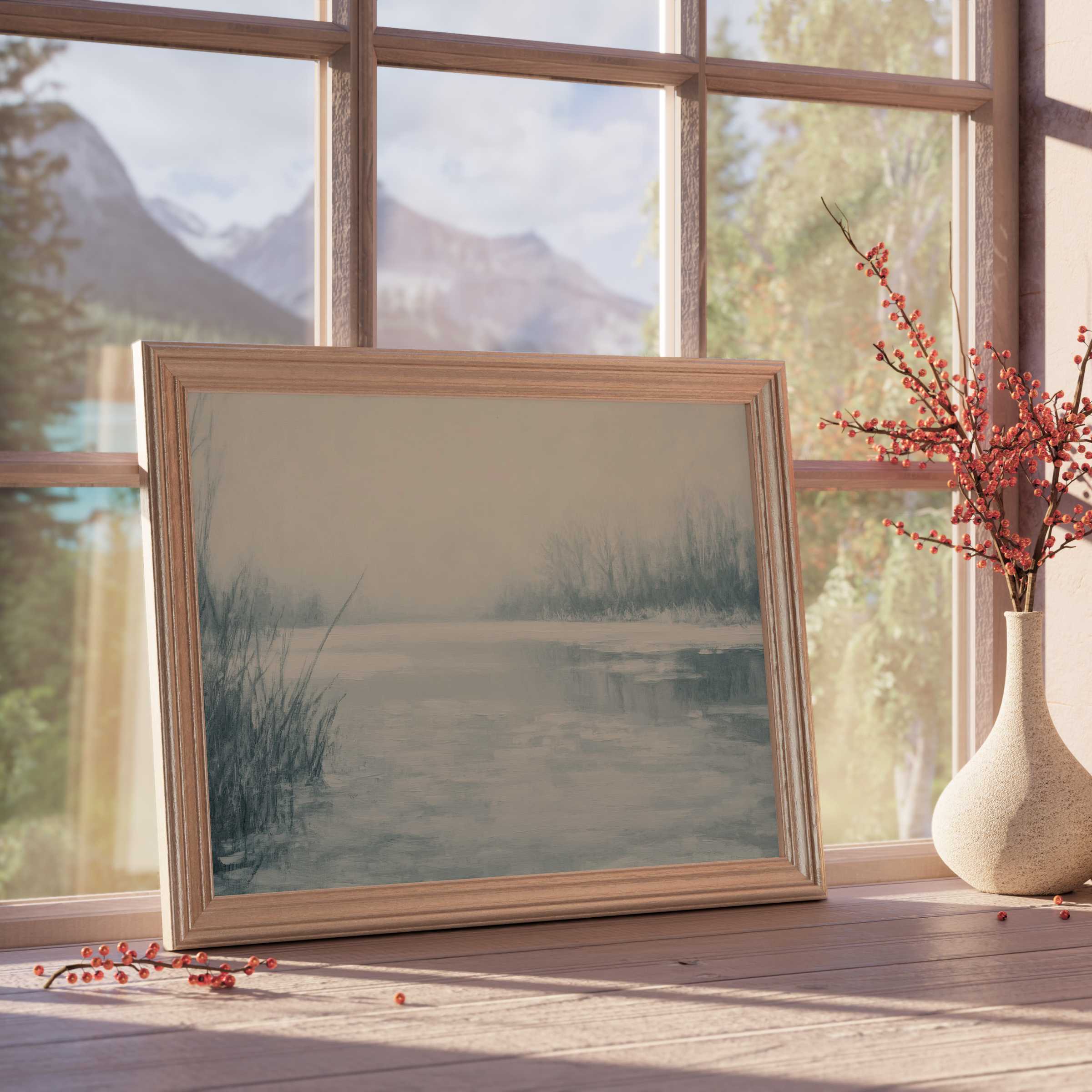 Winter downloadable art captures serene frozen waters and misty treelines, elevating tranquil, curated interiors with soft natural light and elegant wood framing