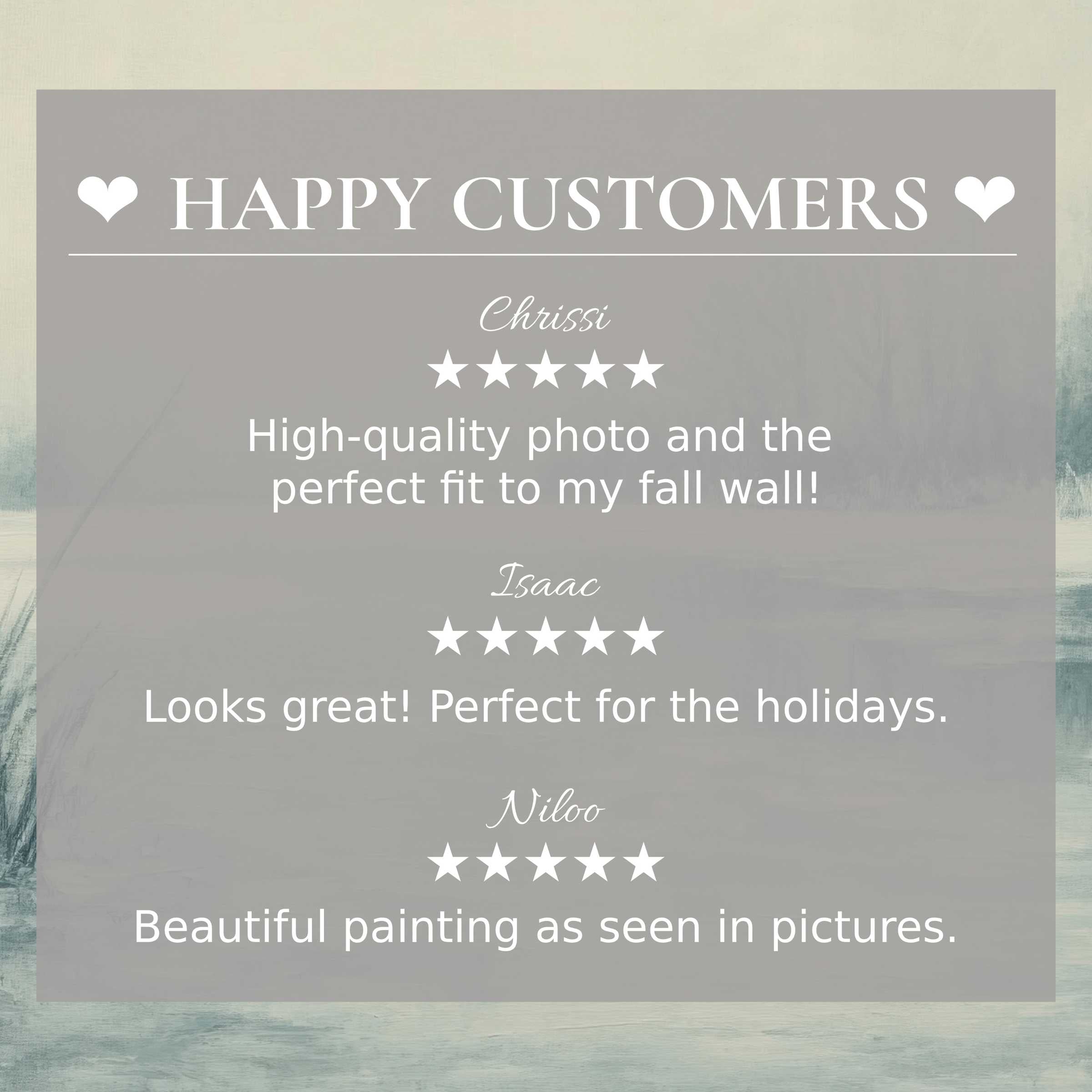 Elegant winter art for Frame TV with serene misty lake background; layout inspires trust with happy customer reviews