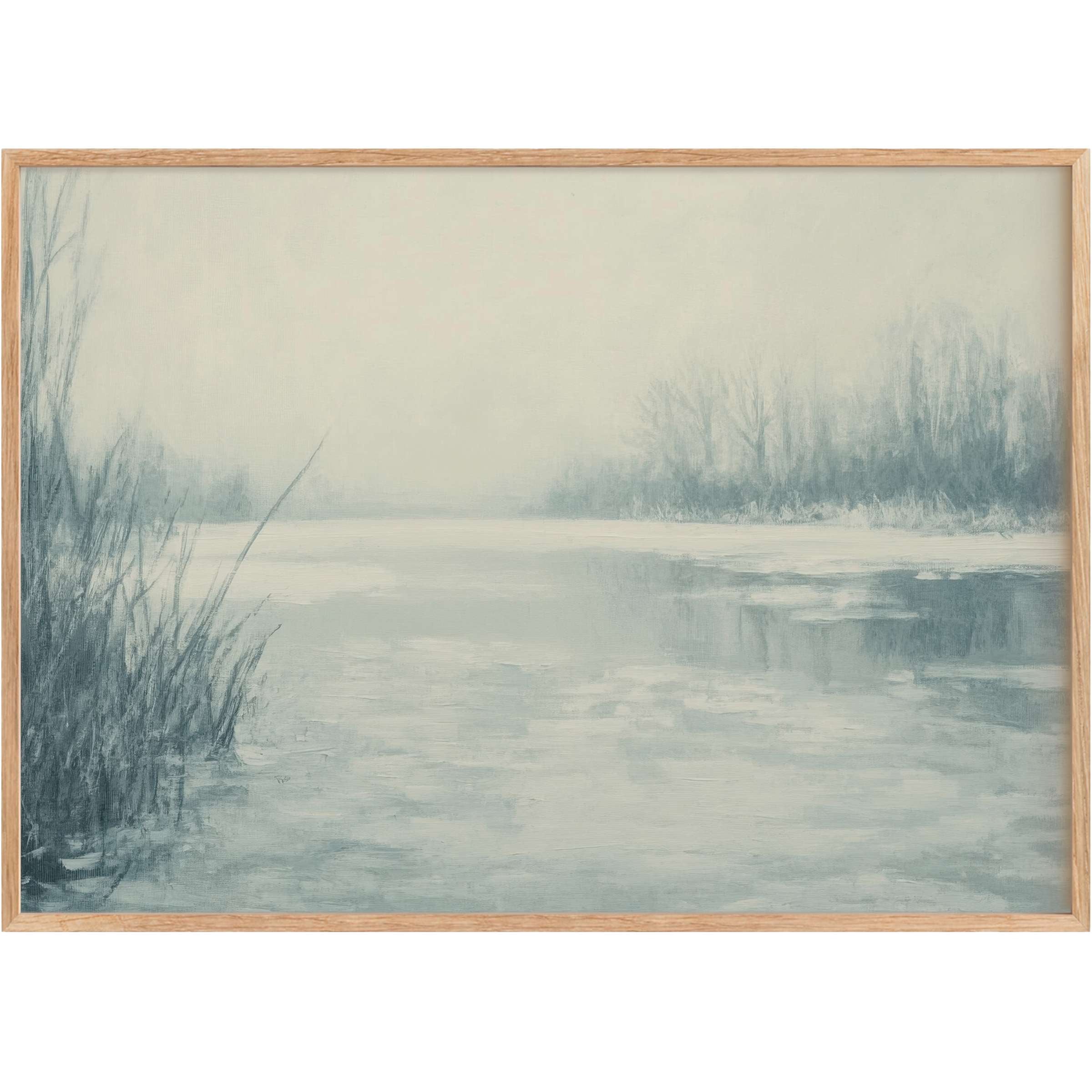 Winter printable wall art captures a serene frozen lake at dawn, with misty blues and soft grays evoking calm elegance