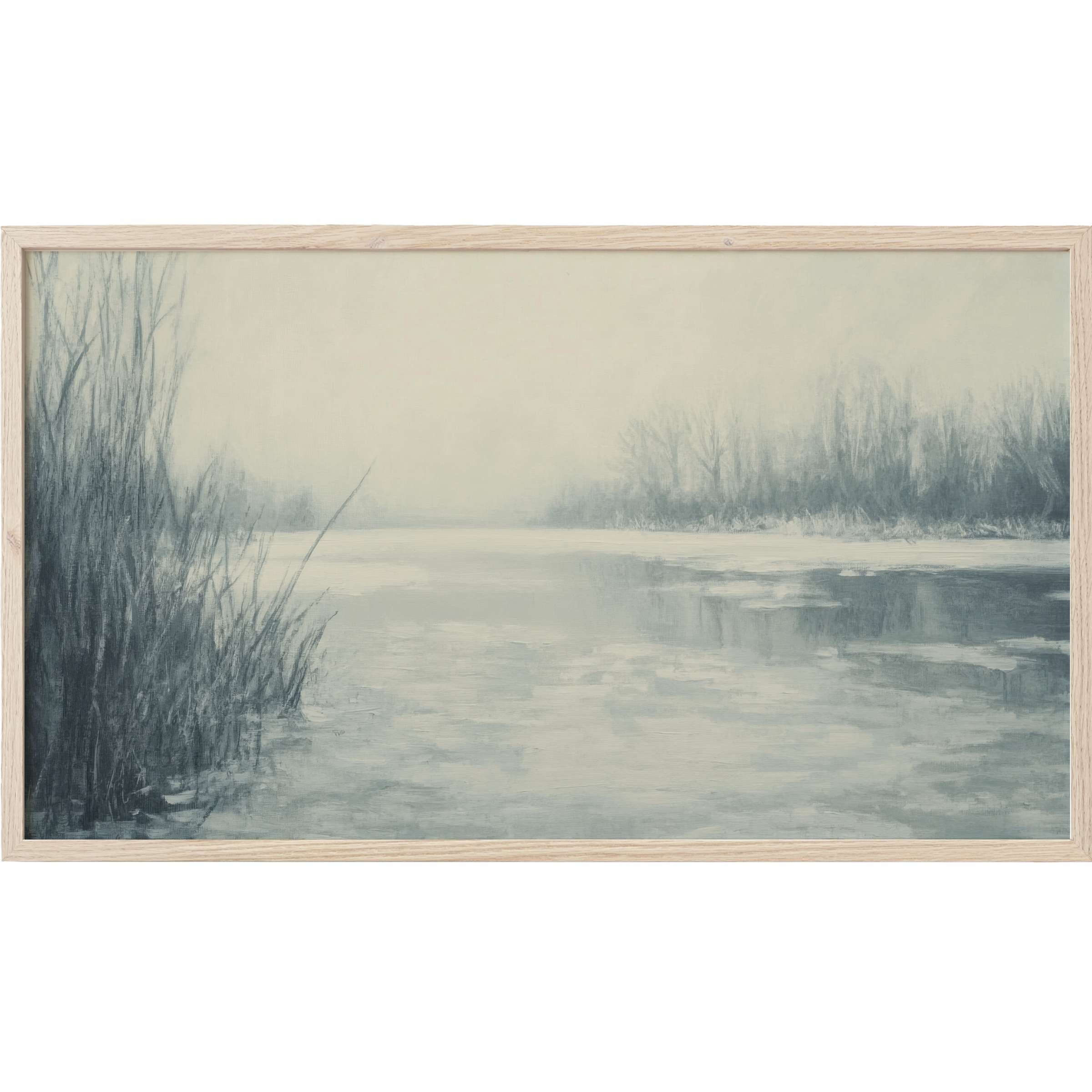 Tranquil winter landscape in soft blues and grays with misty trees and icy water, winter Frame TV Art