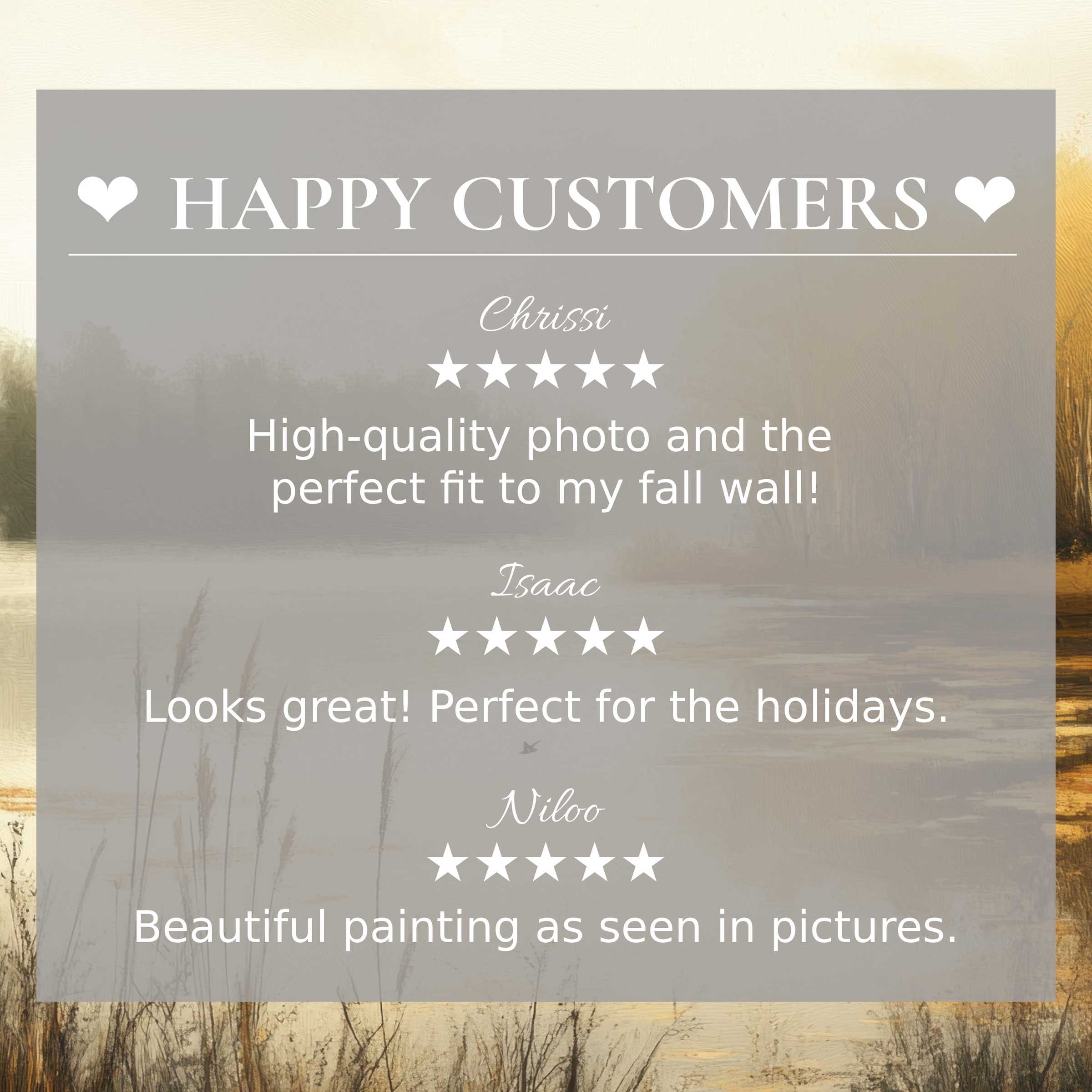 Happy Customers Fall testimonial collage showcasing serene autumn wall art and five star reviews for stylish home decor