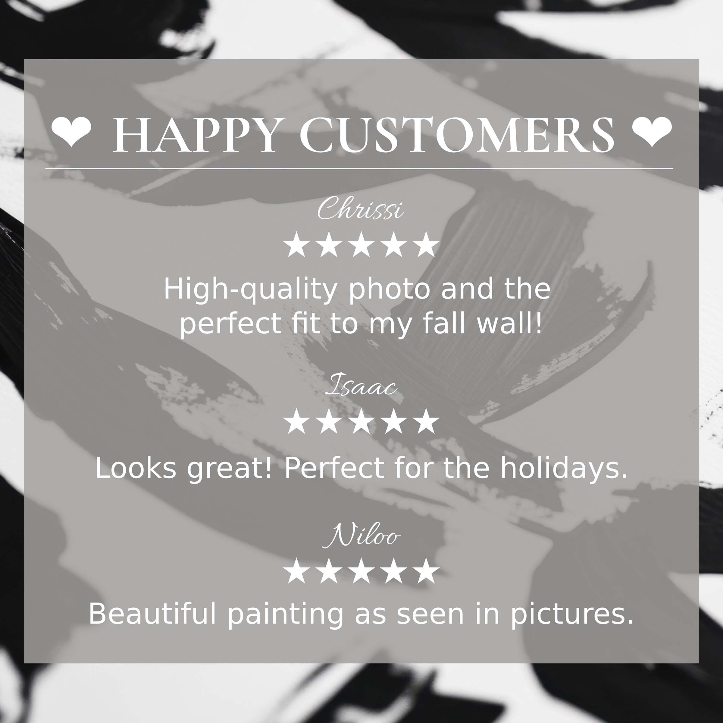 Happy Customers: chic Black and White reviews overlay on abstract art, showcasing stylish home décor praise