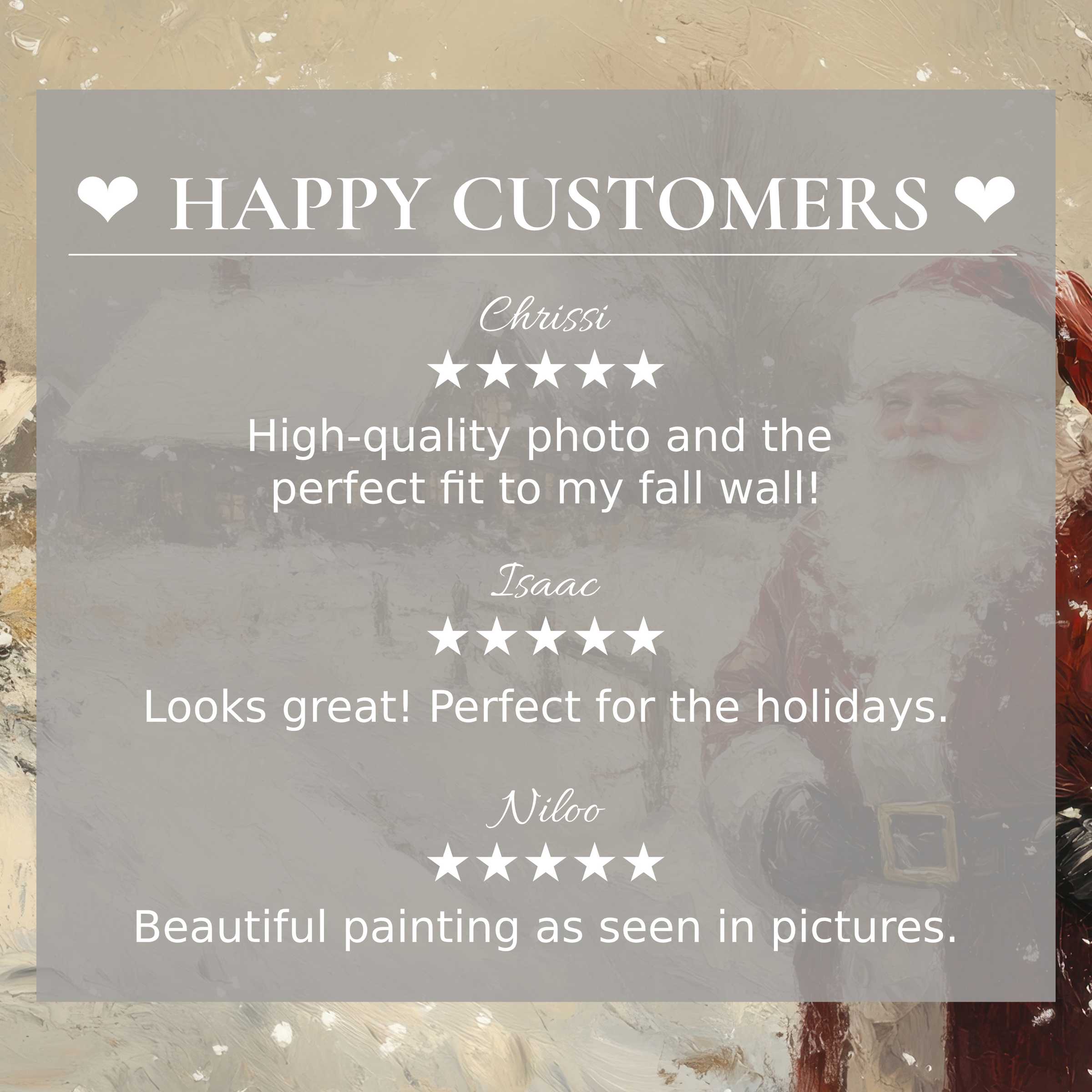 Happy Customers testimonials showcasing elegant Christmas wall art and five star reviews for stylish home decor