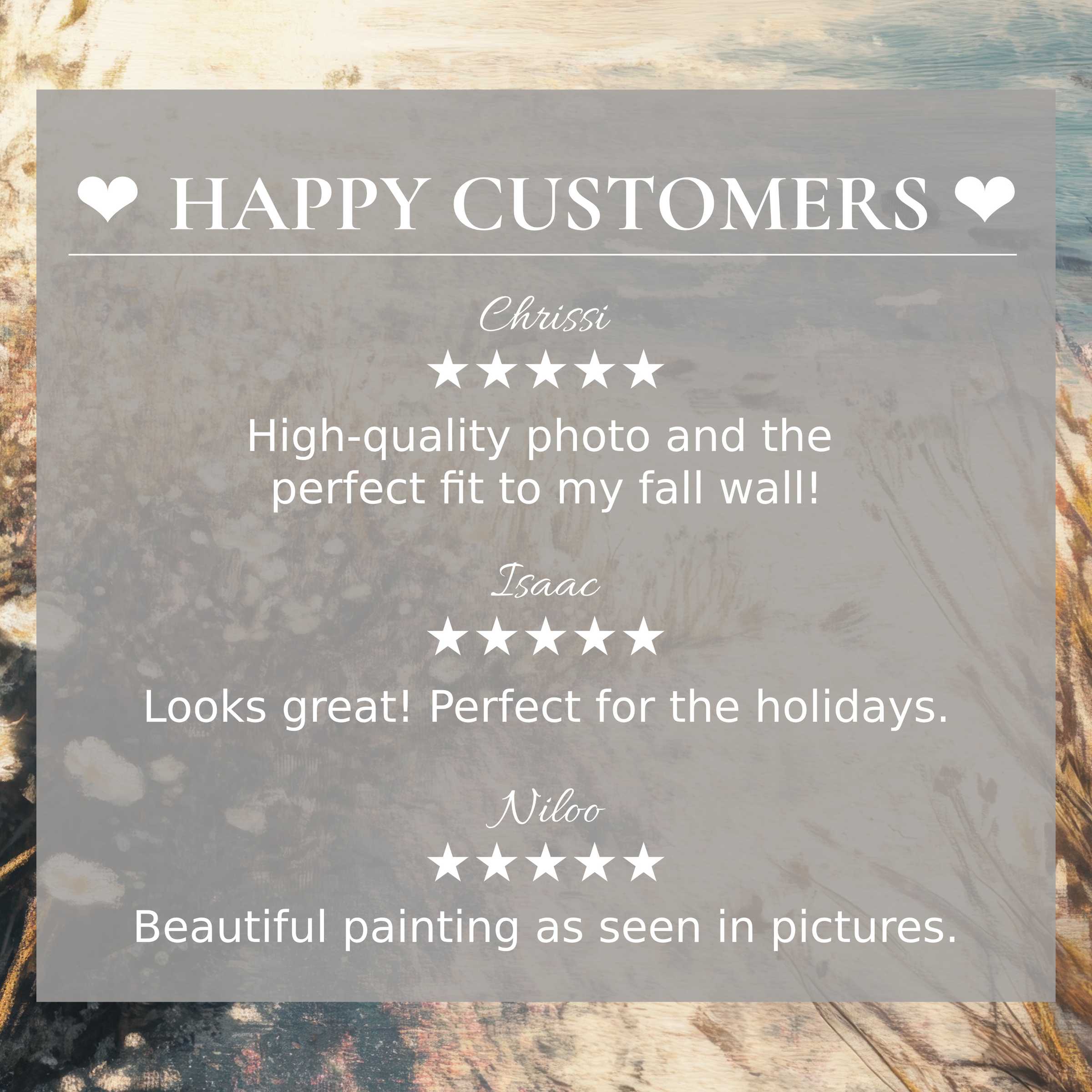 Happy Customers testimonials over a Coastal artwork promoting elegant modern home decor and style