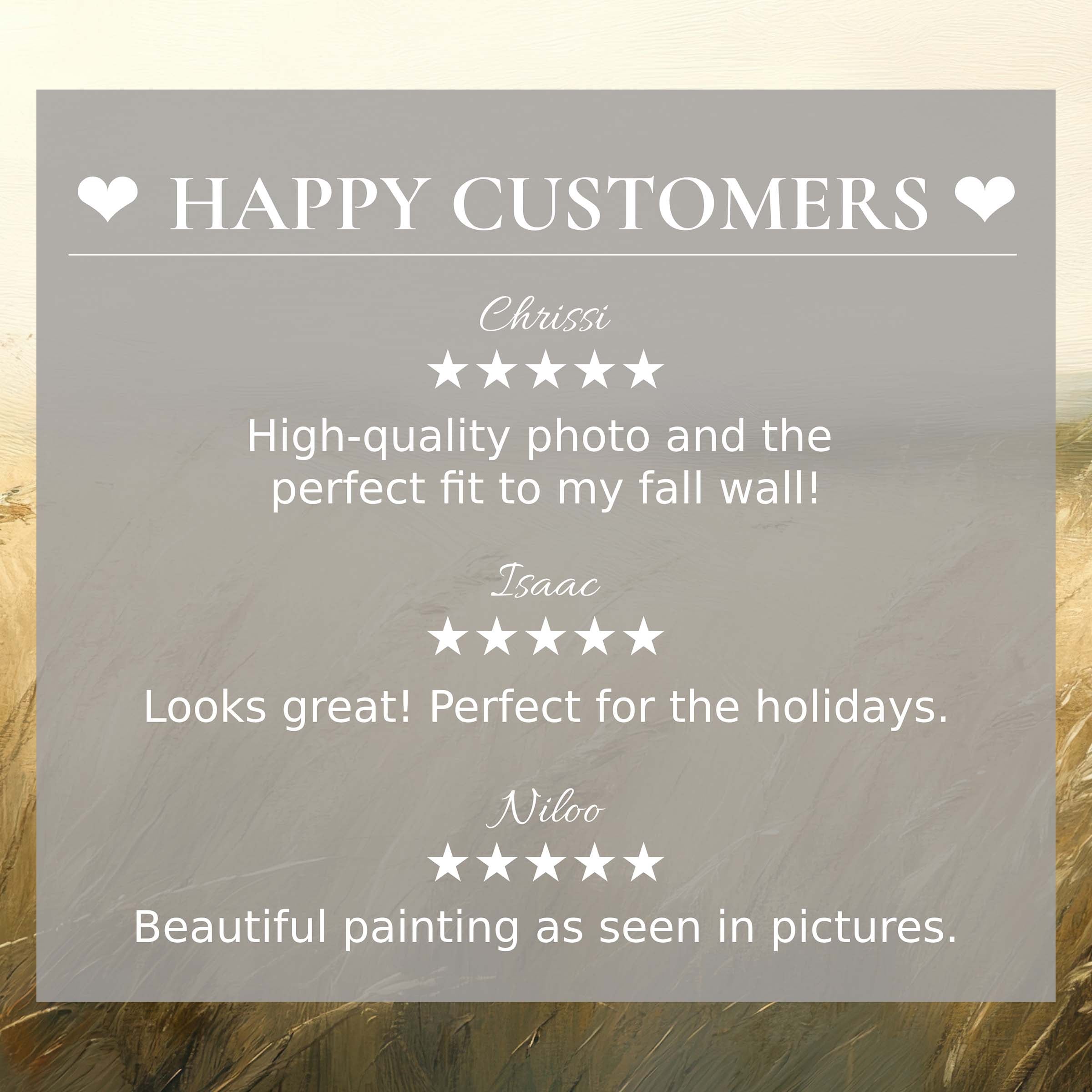 Happy Customers testimonials over elegant Landscape print highlighting modern stylish home decor appeal