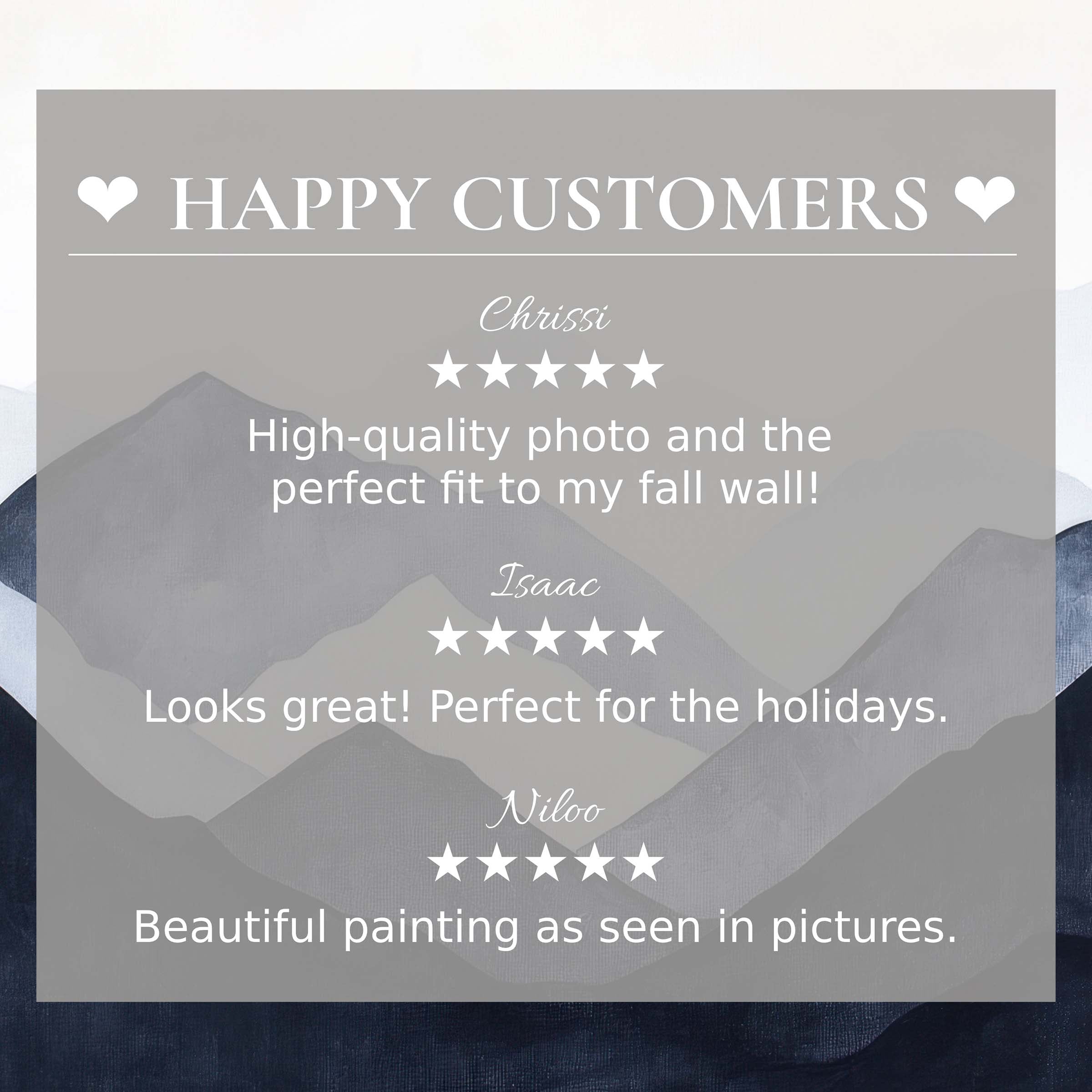 Happy Customers header over muted mountain artwork showcasing Modern home decor with elegant five star reviews