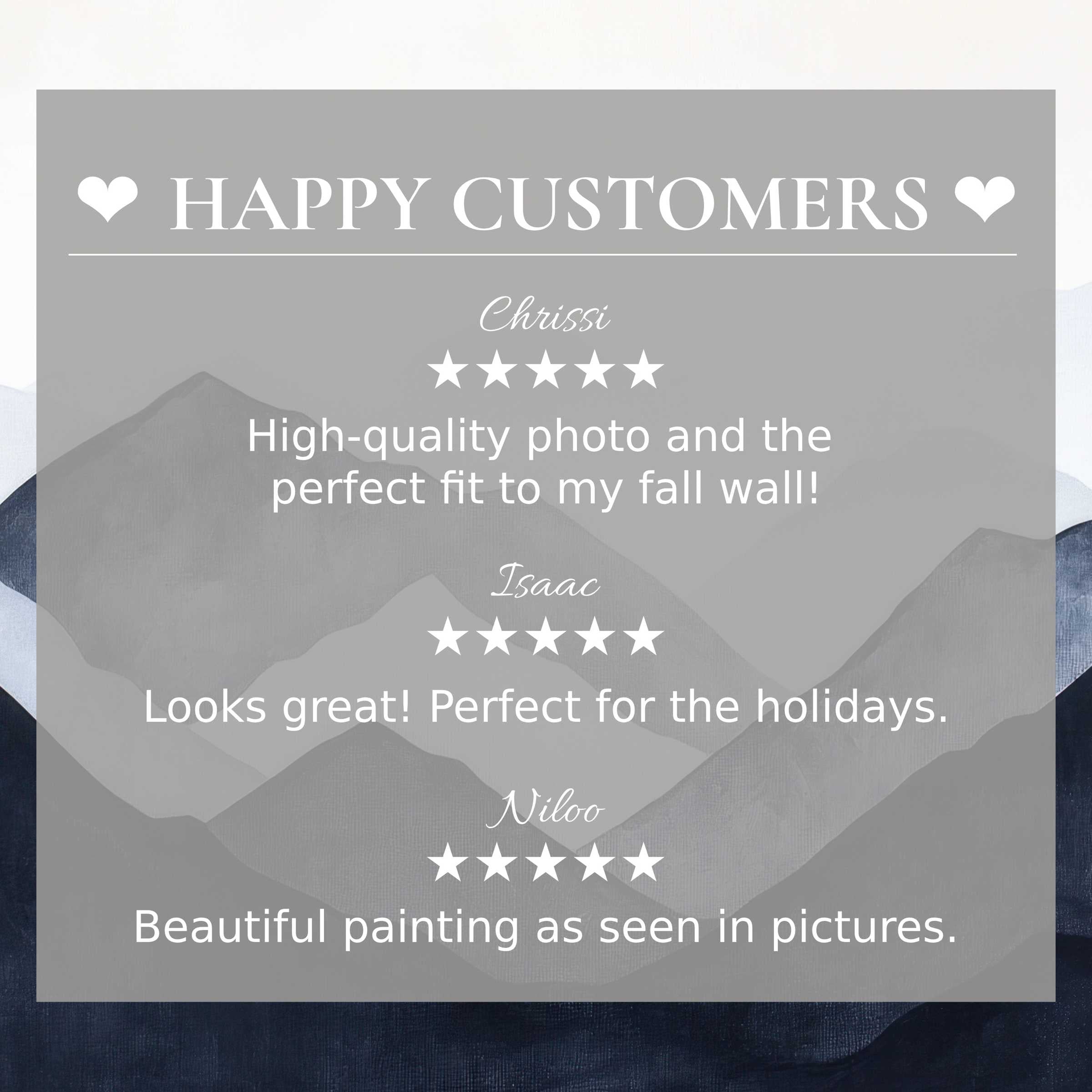 Modern art TV screen gallery with happy customers praising high-quality, aesthetic home decor pieces