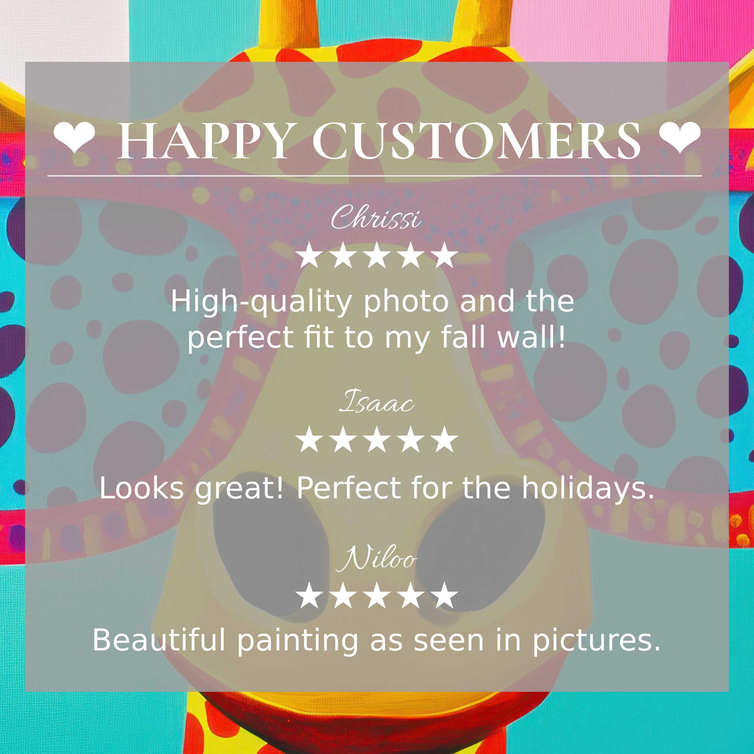 Chic Pop Art giraffe print with Happy Customers five star testimonials for sophisticated home decor