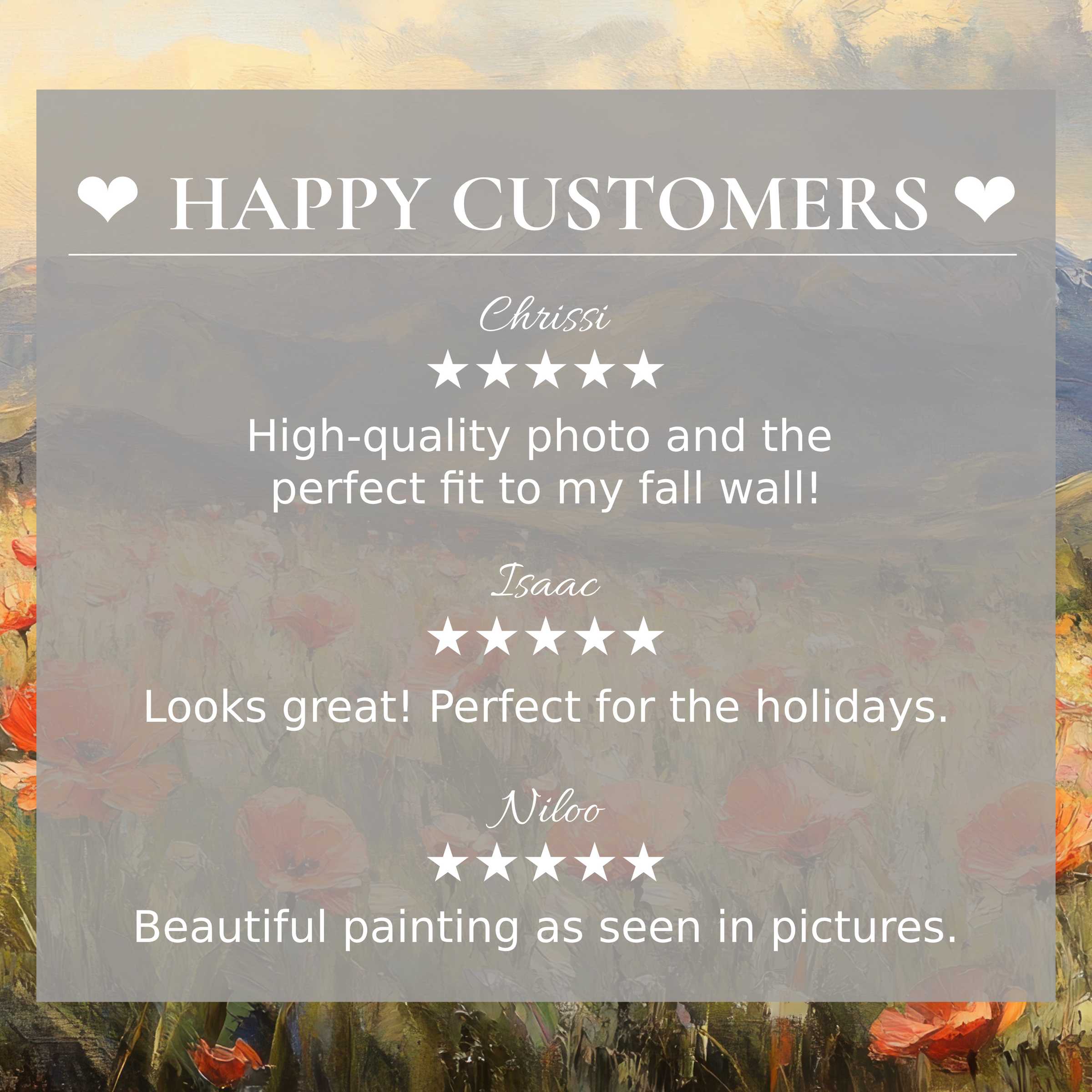 Happy Customers review collage showcasing Vintage floral painting and chic styling for discerning home decor buyers