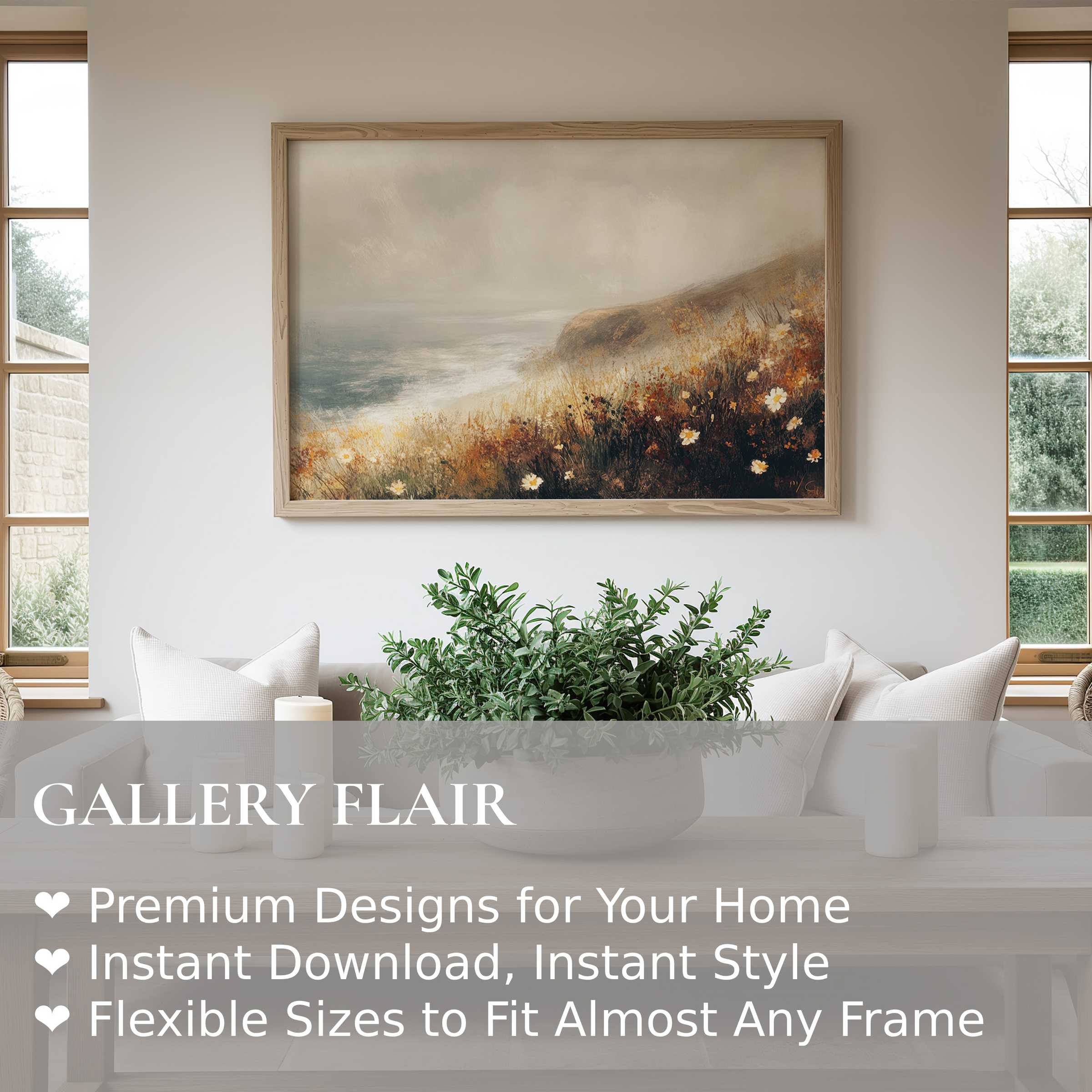 Coastal wall art print captures serene misty shoreline with warm wildflowers, enhancing tranquil modern farmhouse interiors with soft, calming elegance