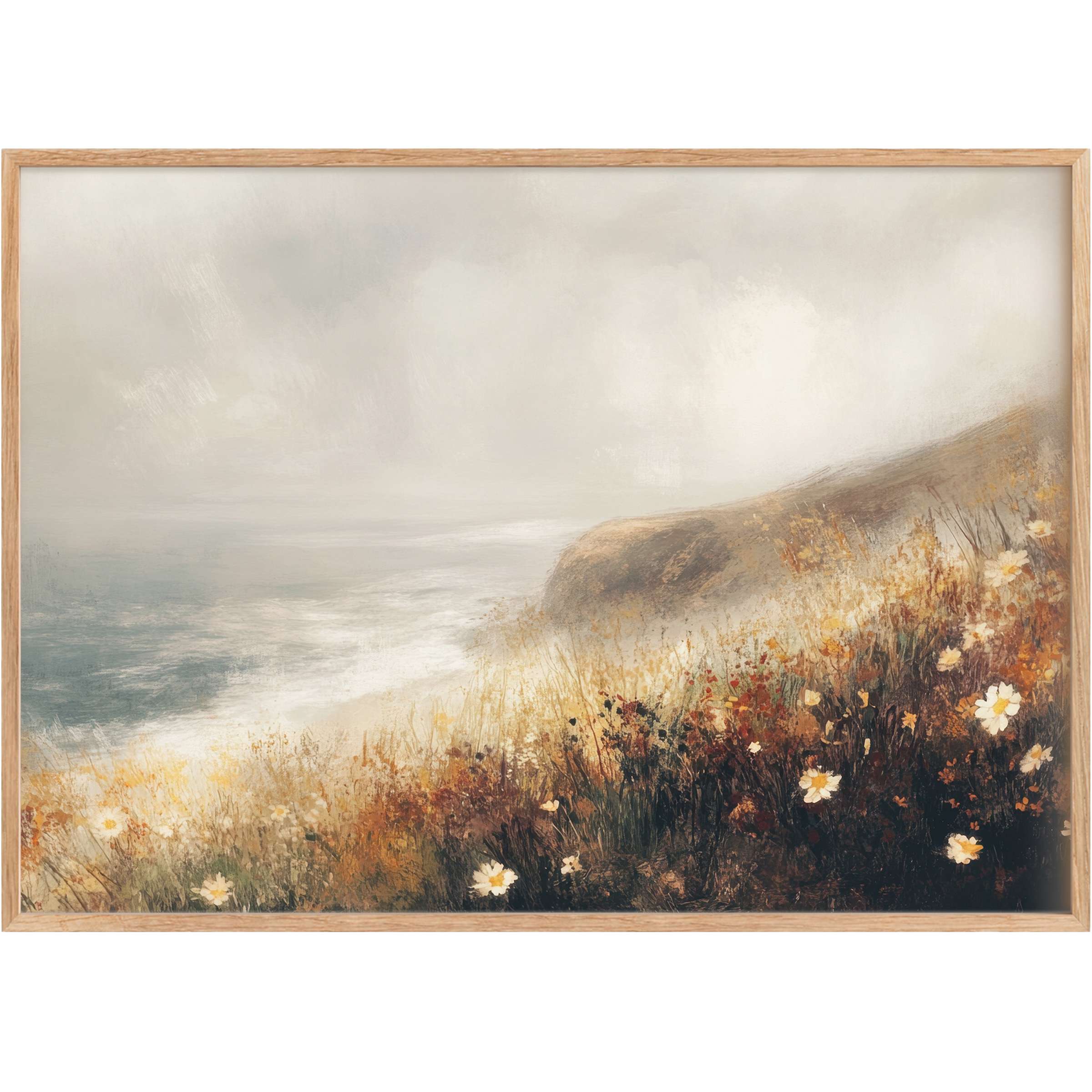 Coastal printable wall art with soft grays and warm ochres, evoking a calming, misty seascape filled with gentle wildflowers