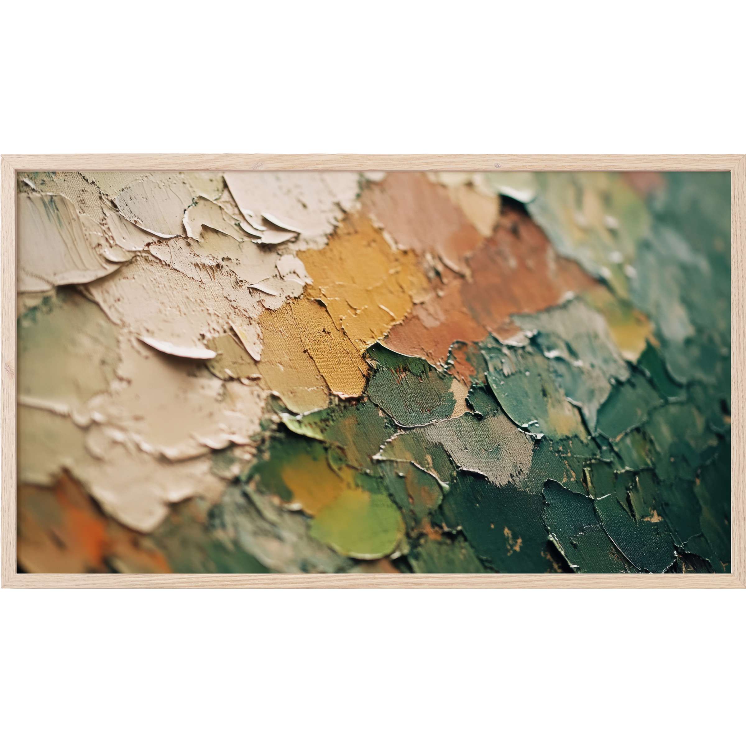 Elegant abstract Frame TV Art with textured brushstrokes in earthy tones of beige, green, and gold