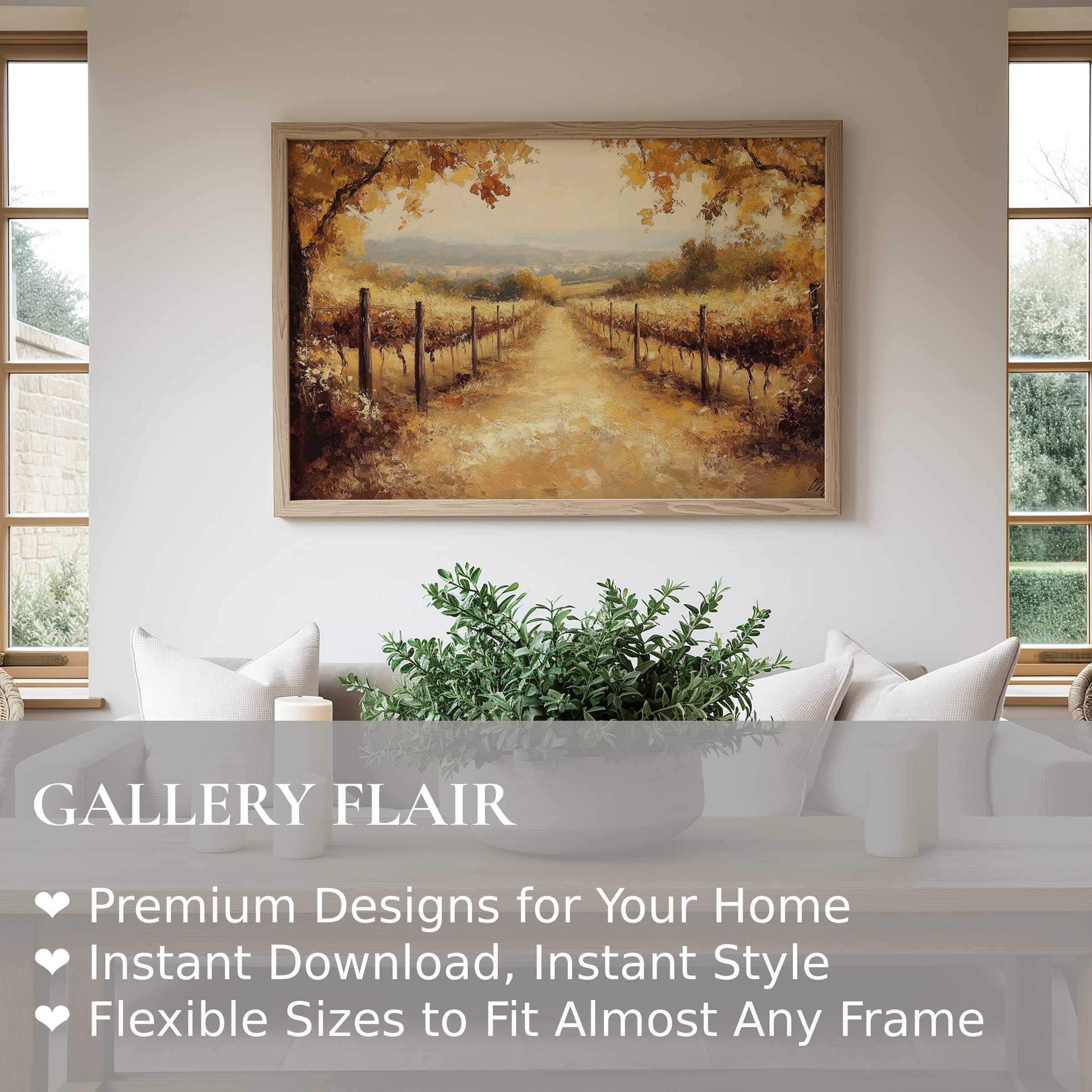 Fall wall art print capturing a radiant vineyard pathway in golden hues, enriching modern rustic interiors with warm autumn charm