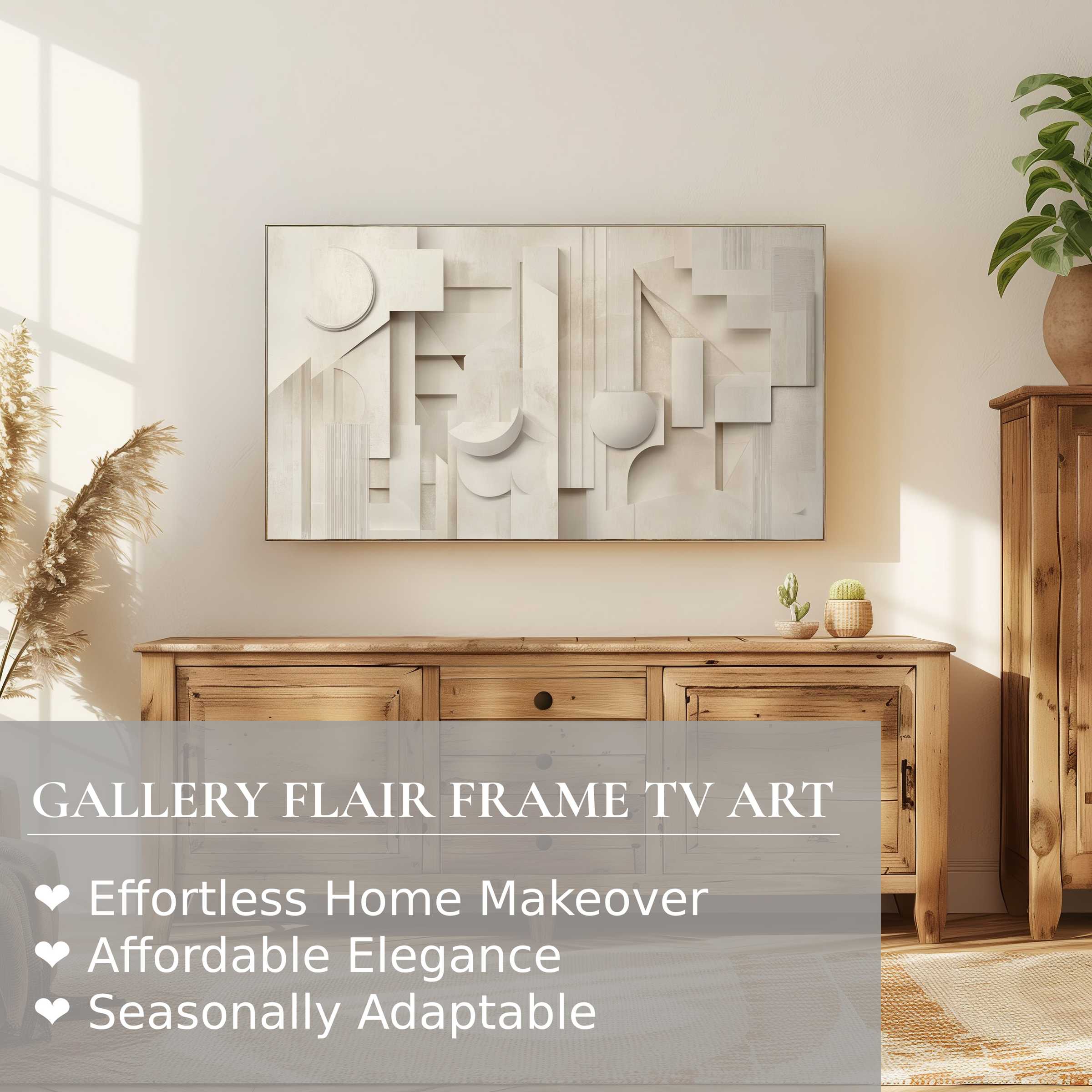 Elegant neutral digital artwork with geometric reliefs on Samsung Frame TV in warm, modern living space