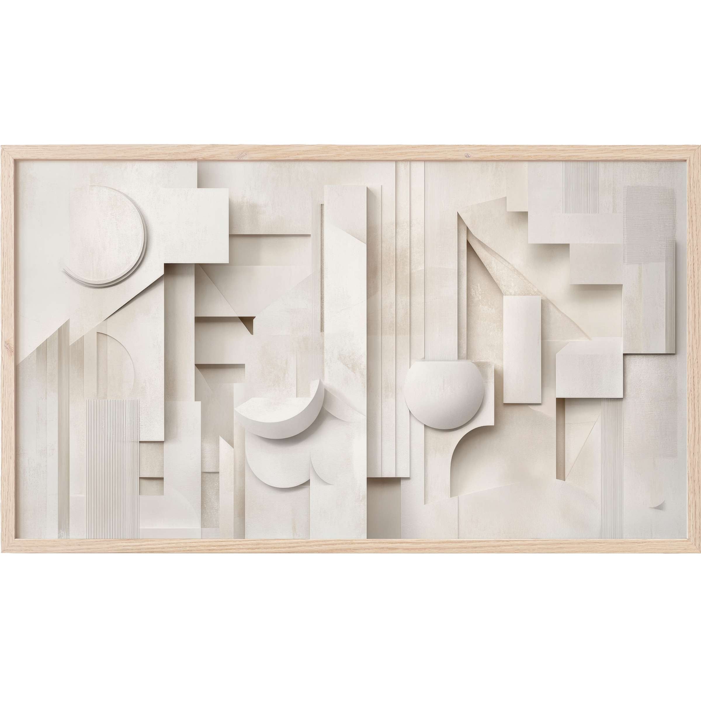 Neutral Frame TV Art featuring layered geometric shapes and soft beige tones in a sleek, modern design