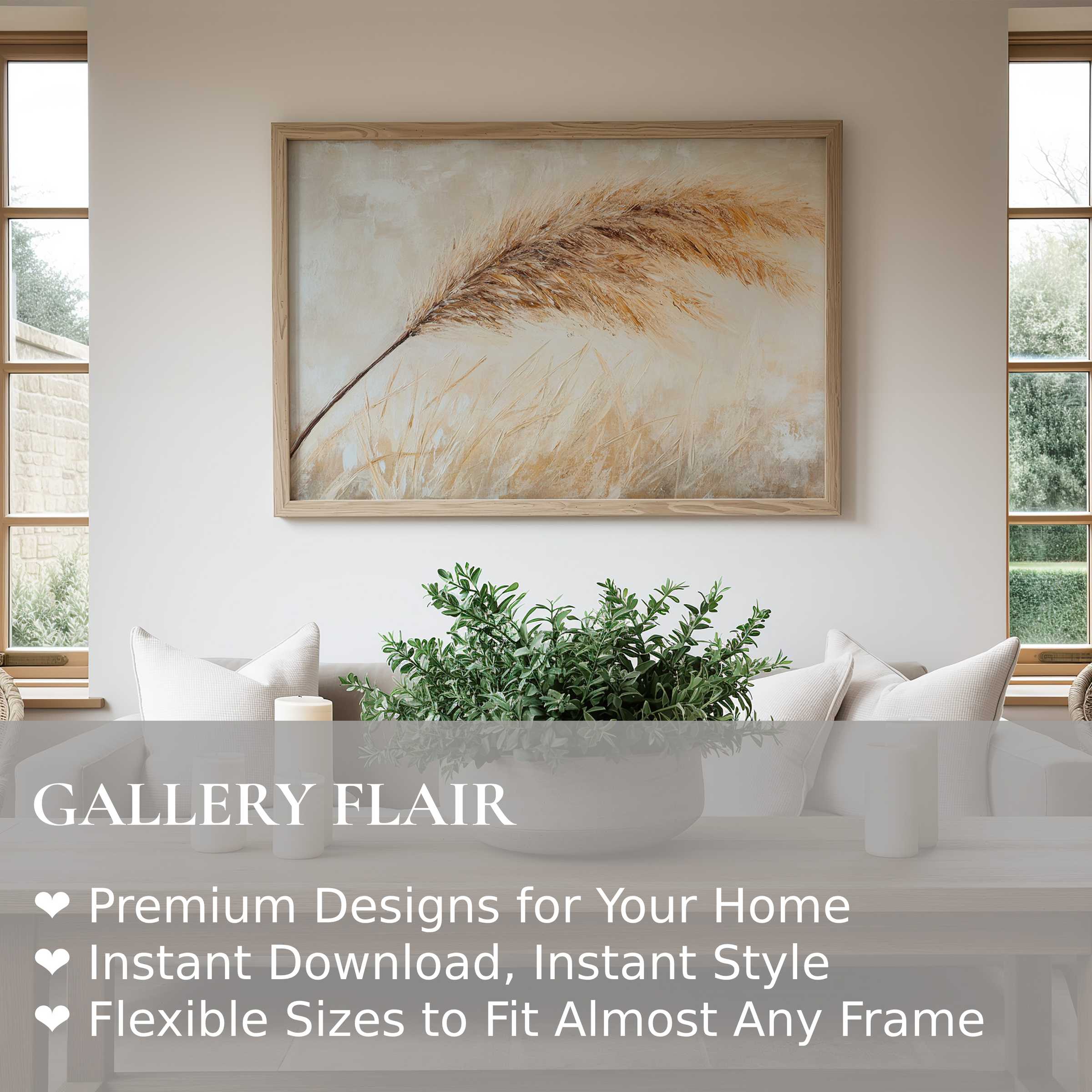 Boho wall art print with soft, earthy tones and delicate pampas grass, enhancing serene modern farmhouse interiors
