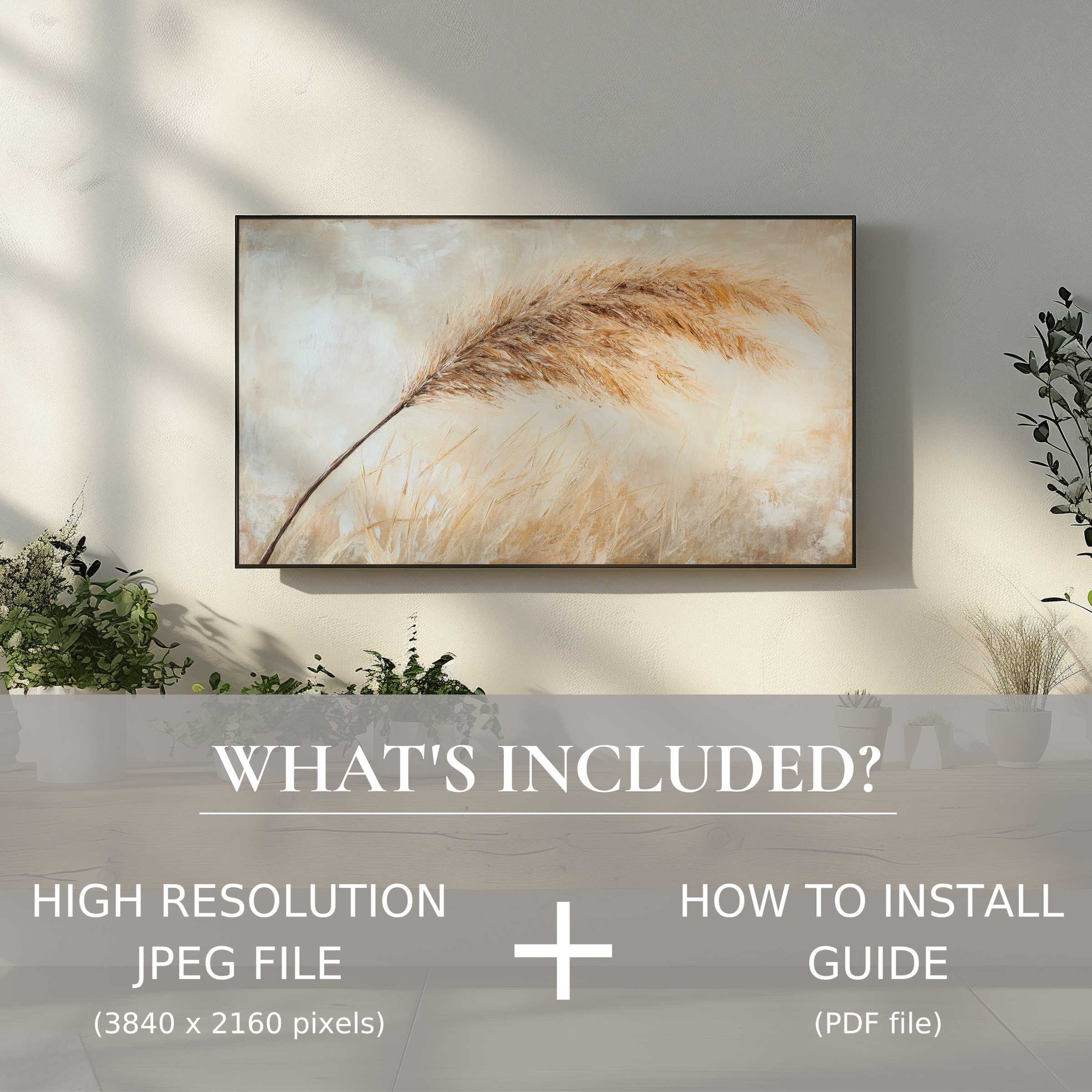 Elegant boho digital TV art download enhancing your space with easy digital use and warm, natural tones in a modern setting