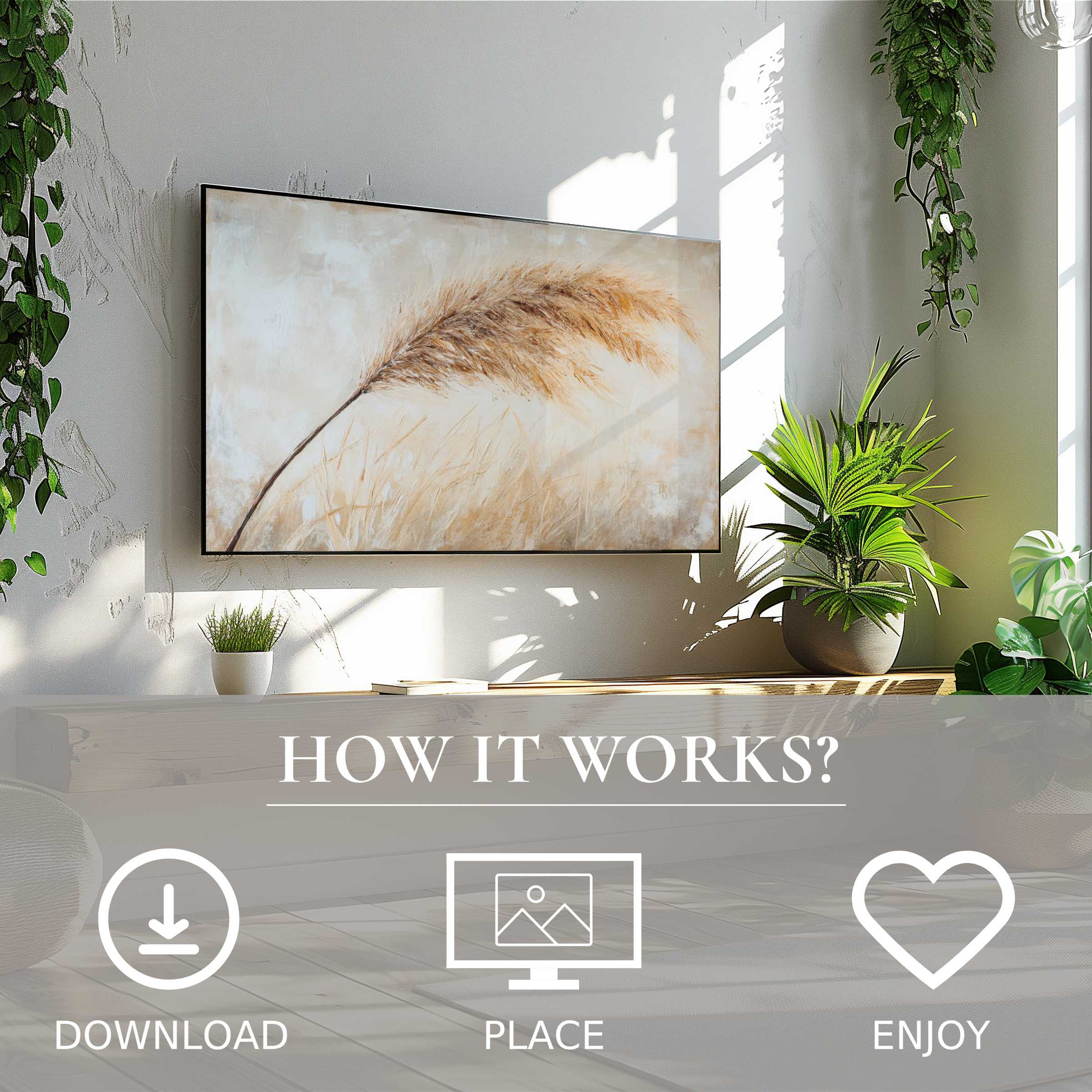 Boho art for Samsung TV shows soft sunset tones; easy digital download enriches your living space with warm design