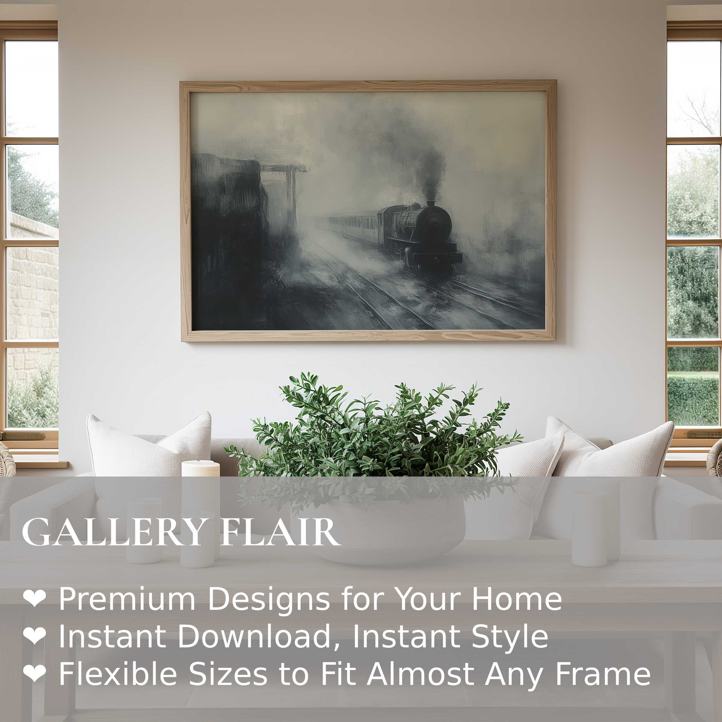 Halloween wall art print with a haunting steam train in mist, evoking moody vintage charm in a modern, serene living space