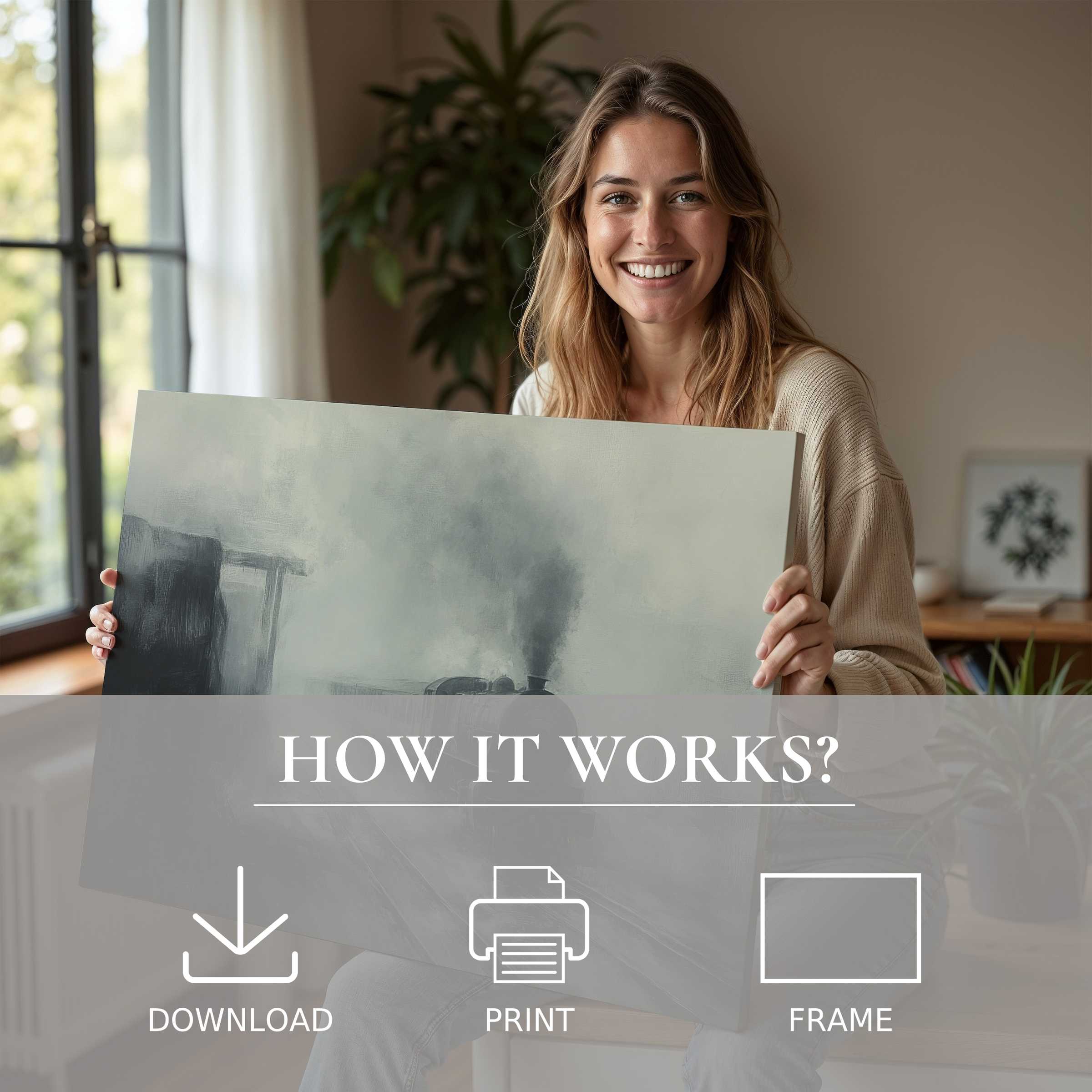 A serene moment of joy as a woman embraces a halloween digital art print, bringing effortless elegance and warmth to her modern home