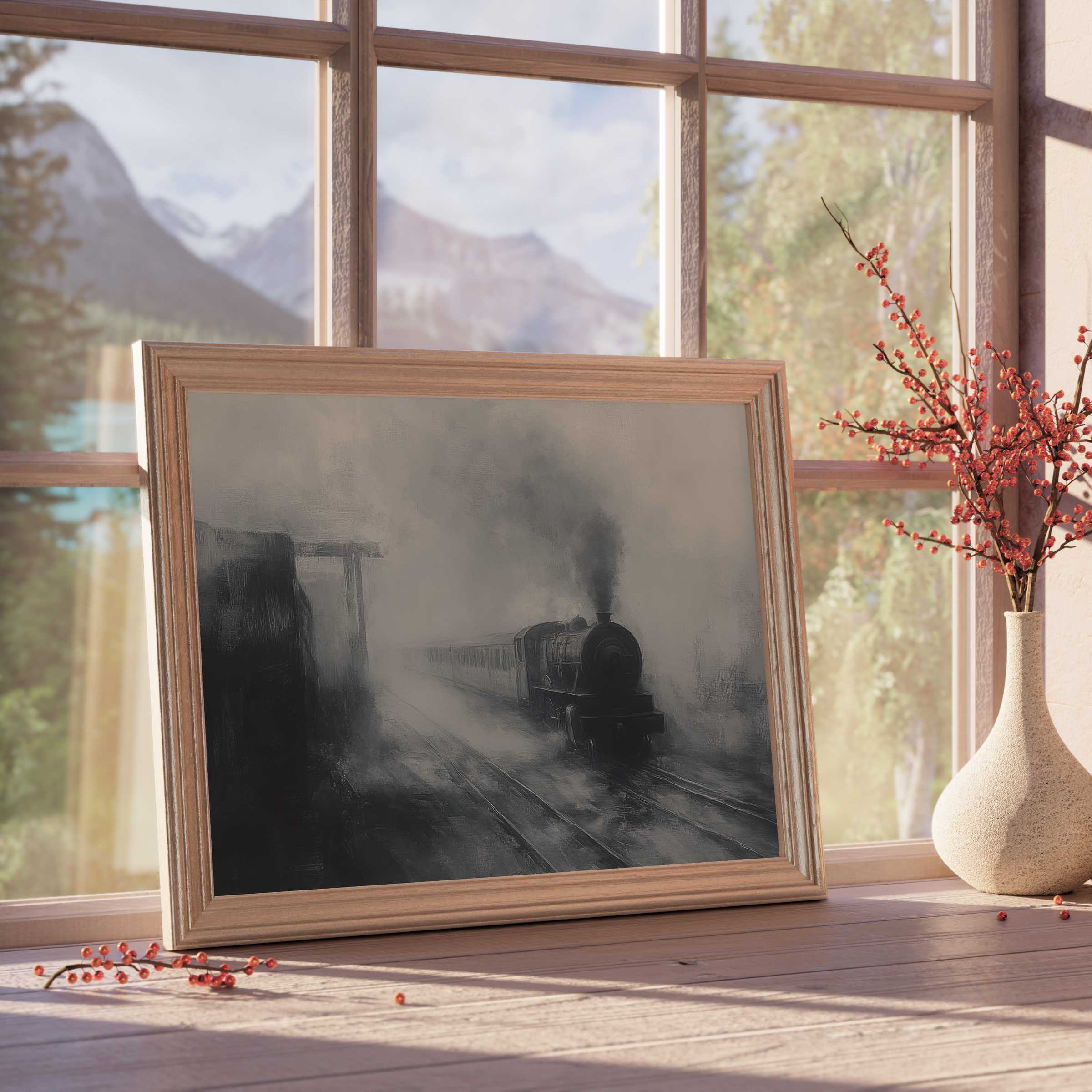 Elegant halloween downloadable art capturing a misty steam train in moody grayscale, enhancing serene, curated interiors