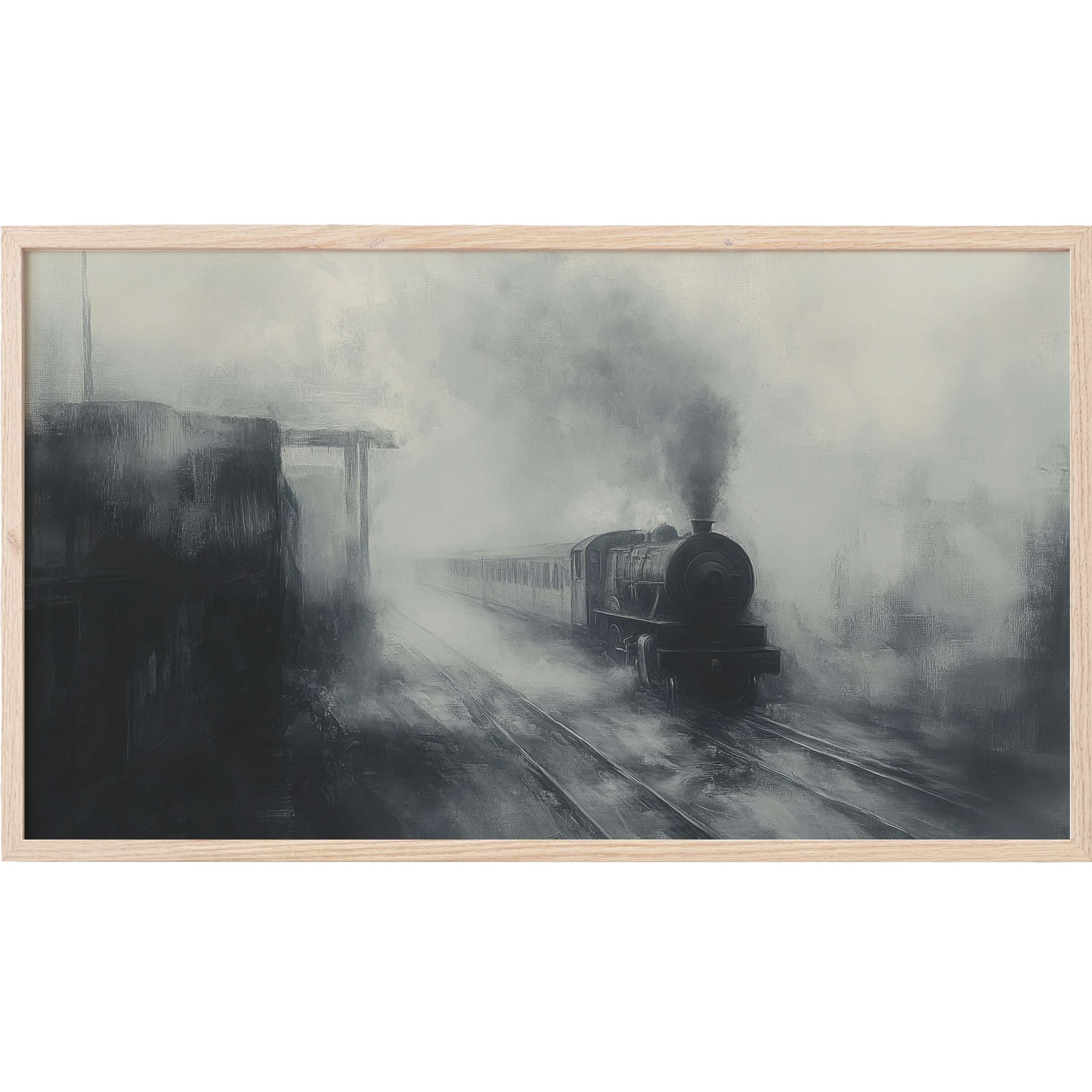 Moody black and gray steam train emerging from mist in an atmospheric halloween Frame TV Art piece