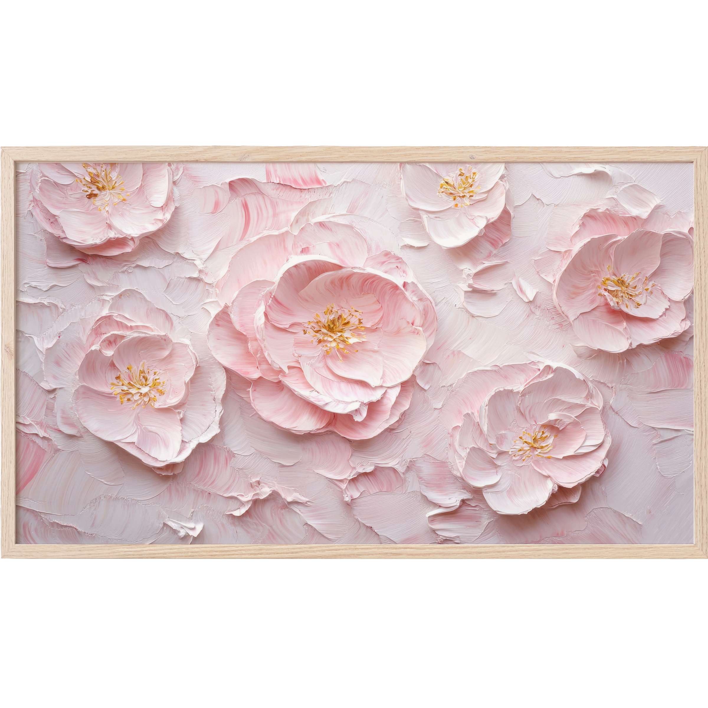 Elegant botanical Frame TV Art featuring textured pastel pink flowers with soft, creamy brushstrokes and delicate gold accents
